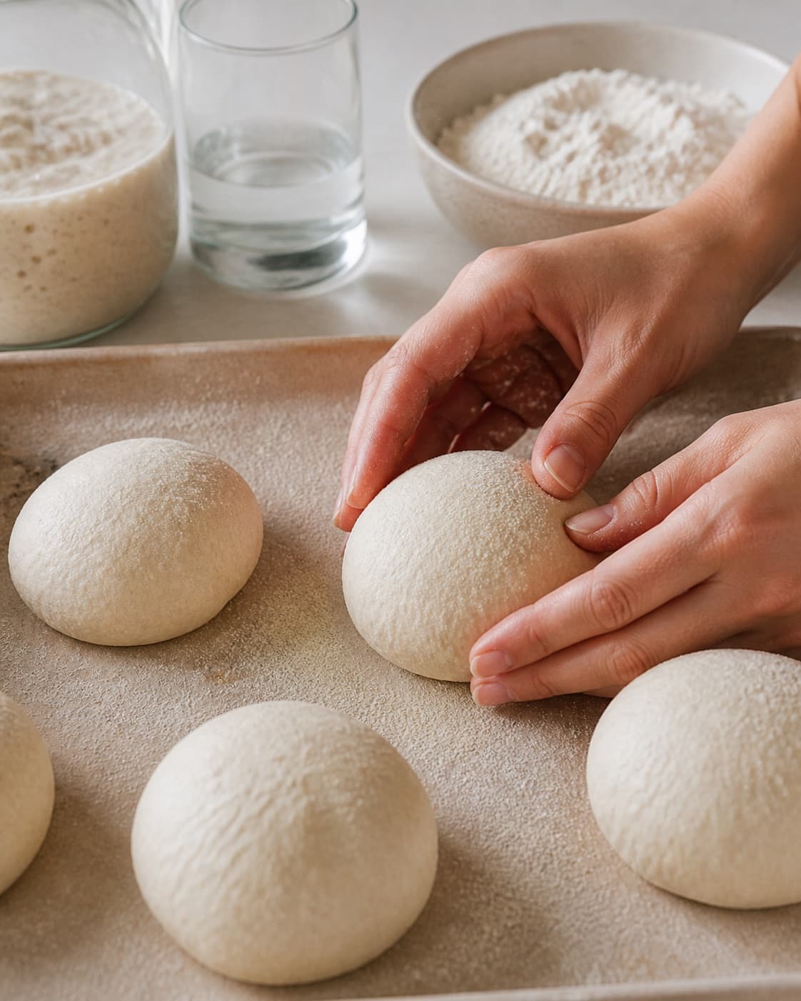 Even pieces of ciabattaboller med surdej being shaped before baking under tilberedningen af ciabattaboller med surdej