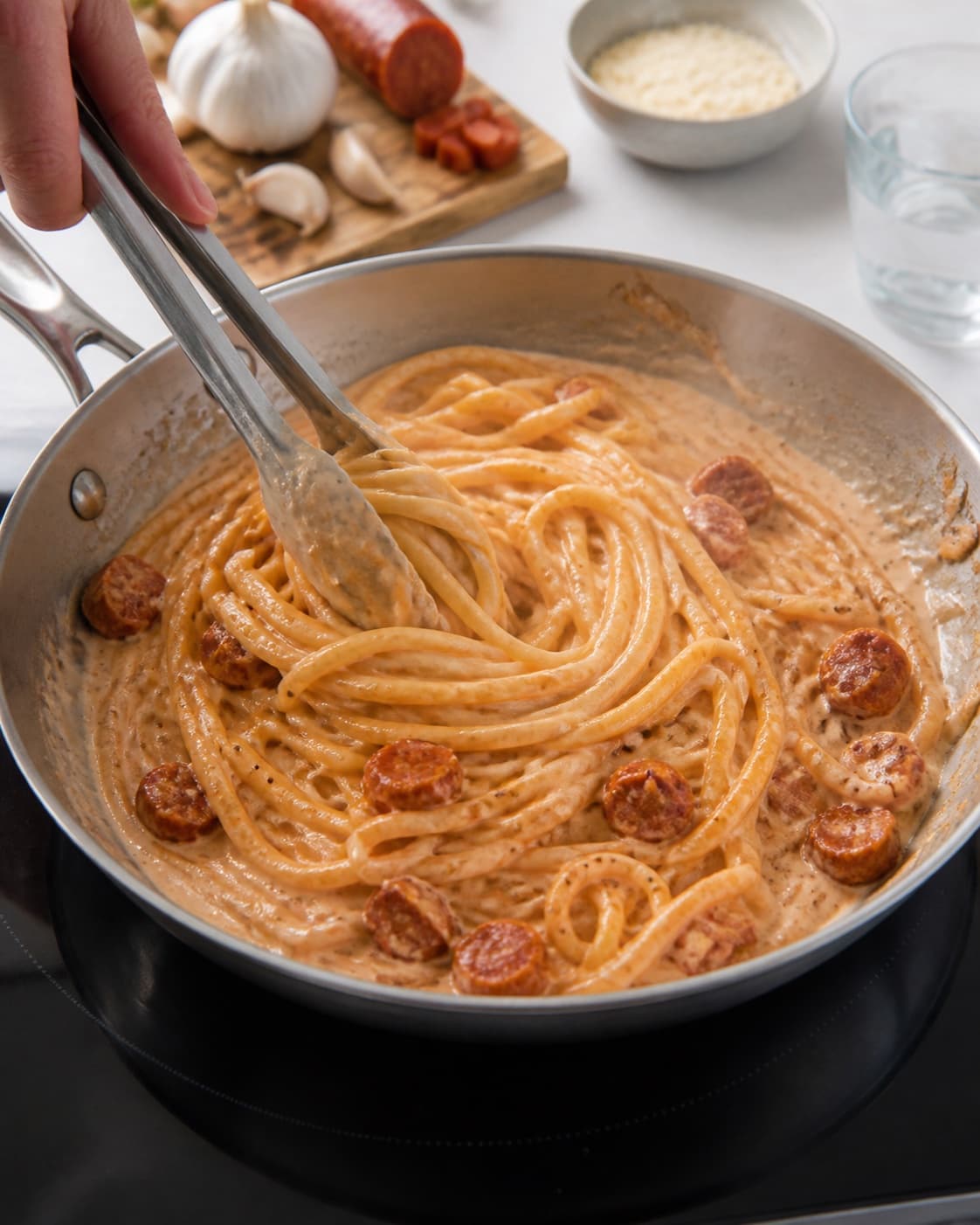 spaghetti i mascarponesauce med chorizo being emulsified in a broad pan under tilberedningen af spaghetti i mascarponesauce med chorizo