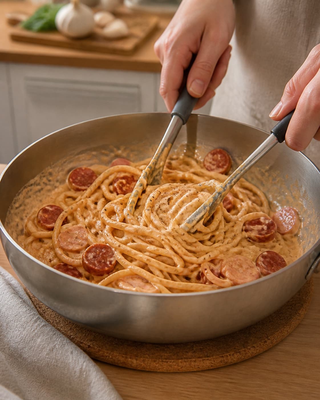 Creamy texture of spaghetti i mascarponesauce med chorizo being adjusted off the heat under tilberedningen af spaghetti i mascarponesauce med chorizo