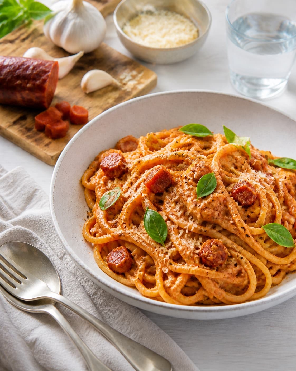 Finished spaghetti i mascarponesauce med chorizo plated immediately with restrained garnish under tilberedningen af spaghetti i mascarponesauce med chorizo