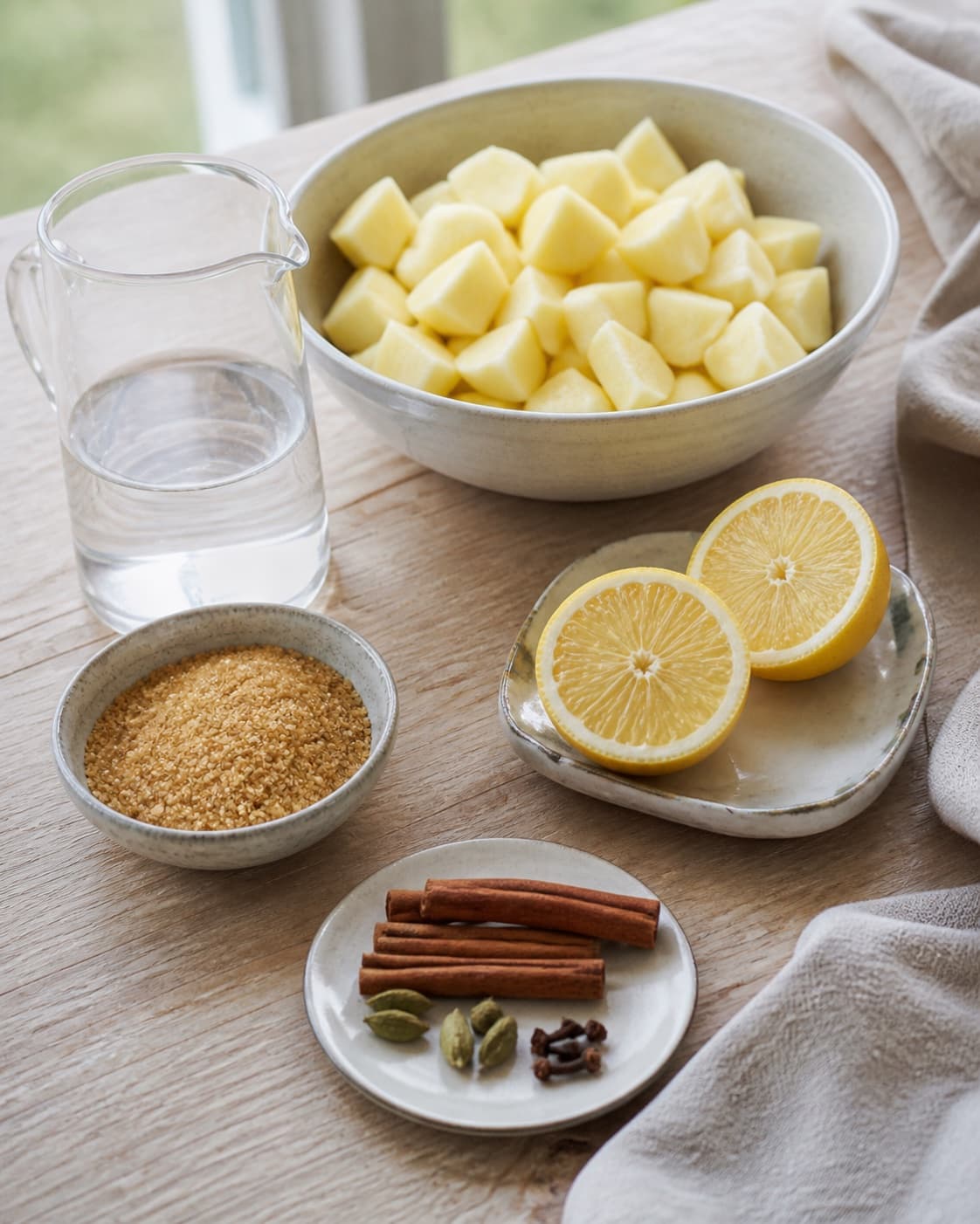 Clean measured ingredients and prepared jars for æblekompot med varme krydderier with syrlige æbler, rørsukker, vand, økologisk citron under tilberedningen af æblekompot med varme krydderier
