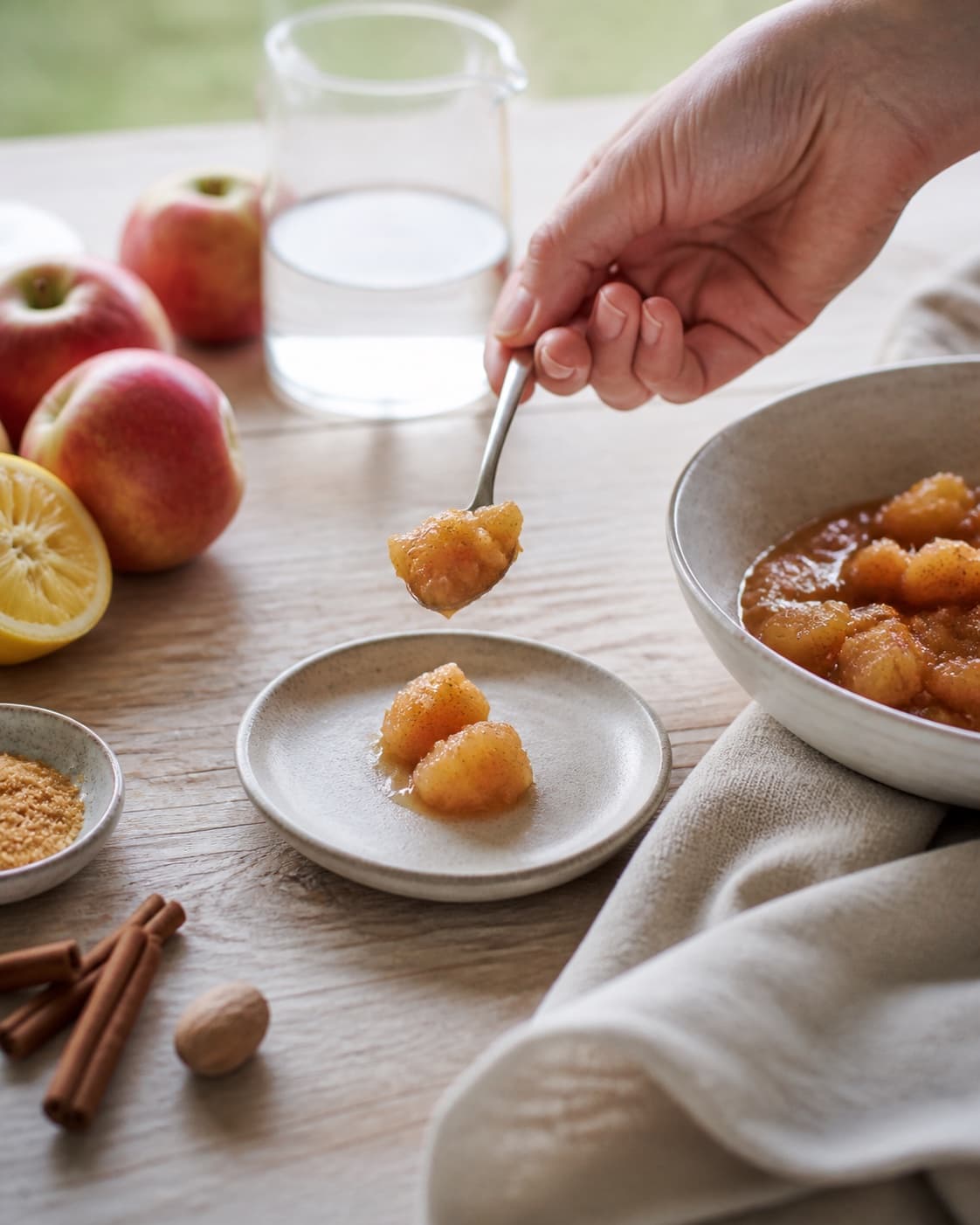 A chilled consistency test for æblekompot med varme krydderier on a small plate under tilberedningen af æblekompot med varme krydderier