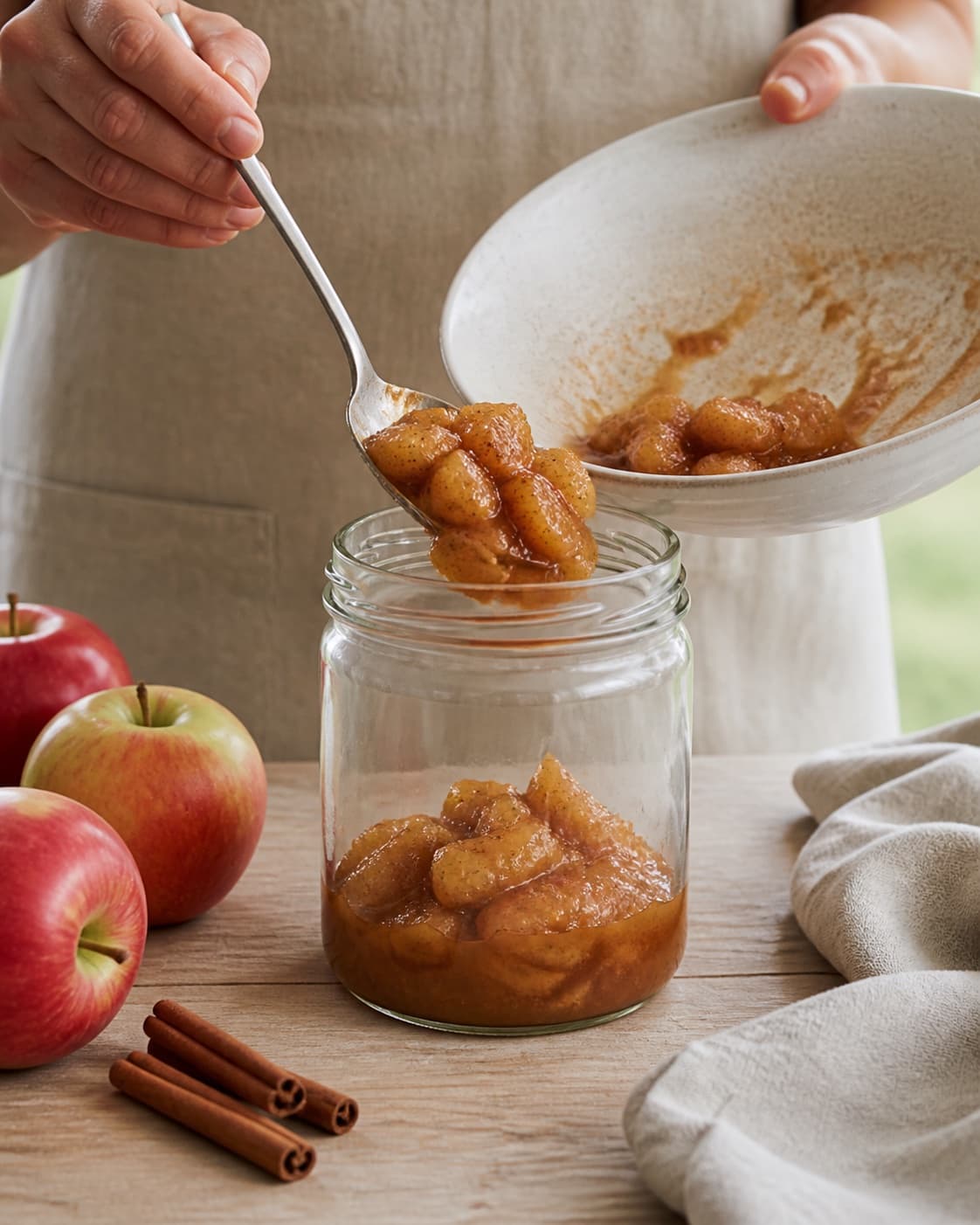 Hot finished æblekompot med varme krydderier being carefully transferred into a clean jar under tilberedningen af æblekompot med varme krydderier