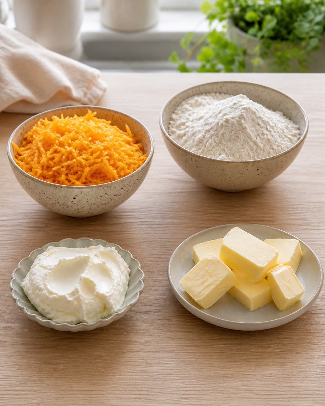 Measured ingredients for græskarkage med creamcheese arranged separately with naturel flødeost, butternut squash, hvedemel, smør under tilberedningen af græskarkage med creamcheese