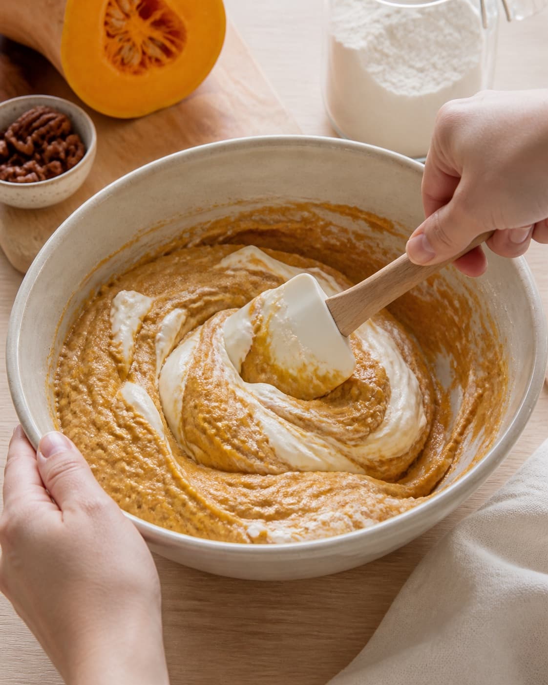 The batter or dough for græskarkage med creamcheese being gently combined under tilberedningen af græskarkage med creamcheese