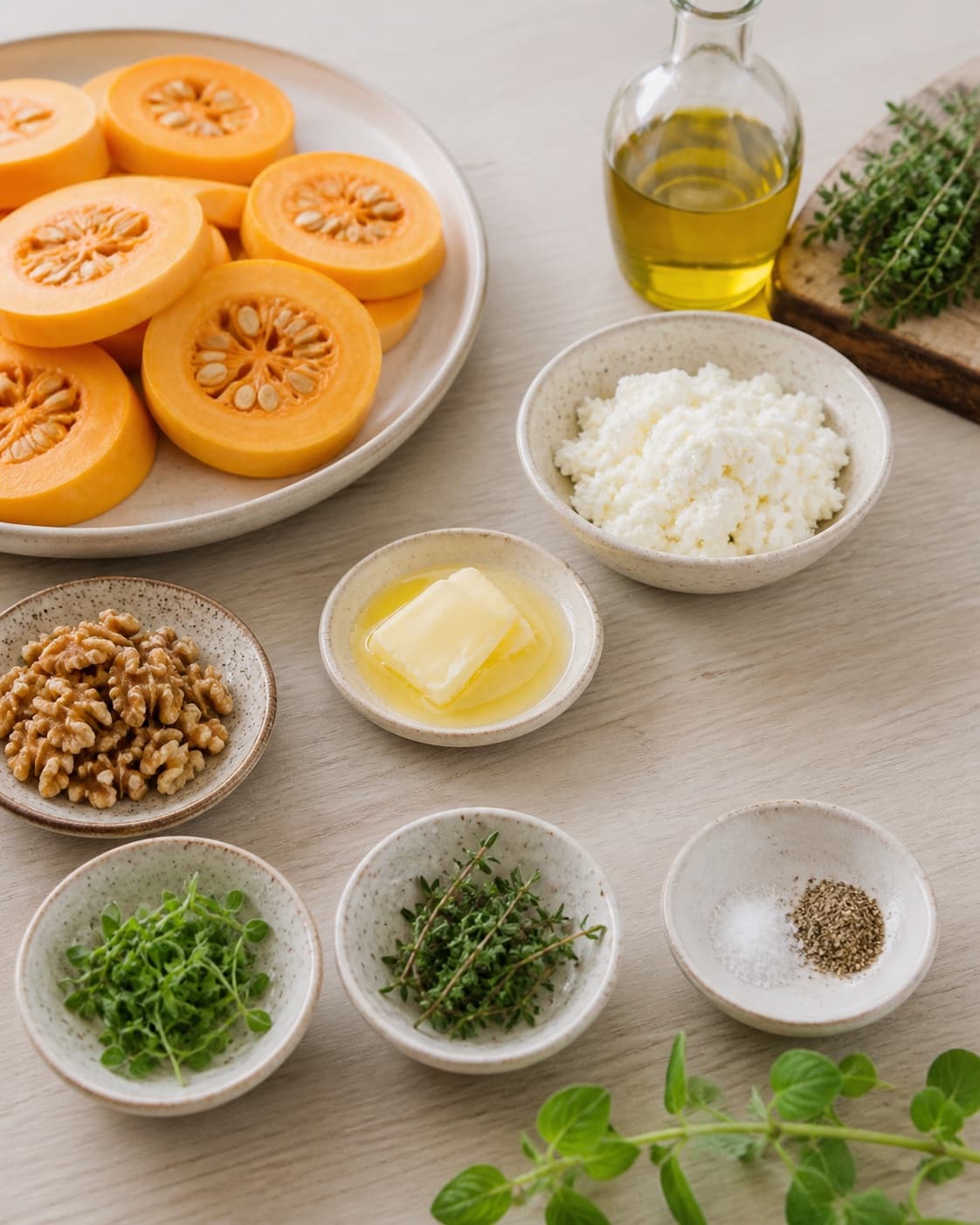 Prepared dry ingredients for butternut squash i ovn med friskost og urter with butternut squash, smør, rapsolie, friske krydderurter under tilberedningen af butternut squash i ovn med friskost og urter