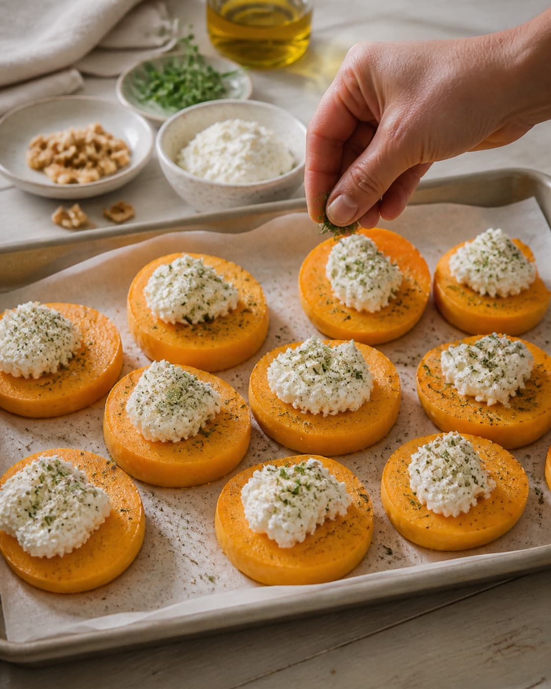 butternut squash i ovn med friskost og urter being evenly seasoned before roasting under tilberedningen af butternut squash i ovn med friskost og urter