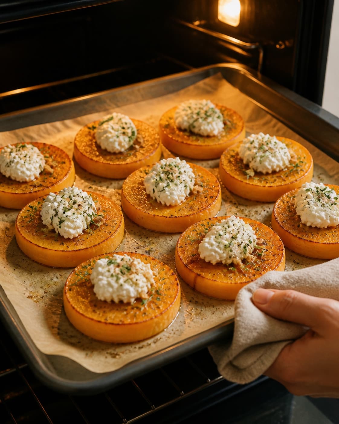butternut squash i ovn med friskost og urter developing an even golden crust under tilberedningen af butternut squash i ovn med friskost og urter