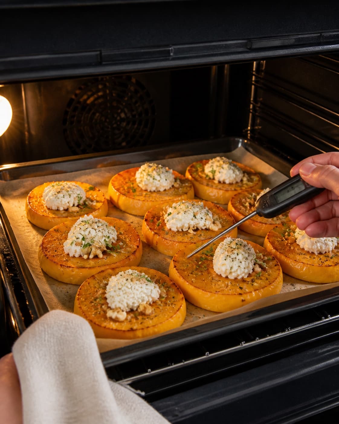 butternut squash i ovn med friskost og urter roasting evenly while its centre temperature is checked under tilberedningen af butternut squash i ovn med friskost og urter