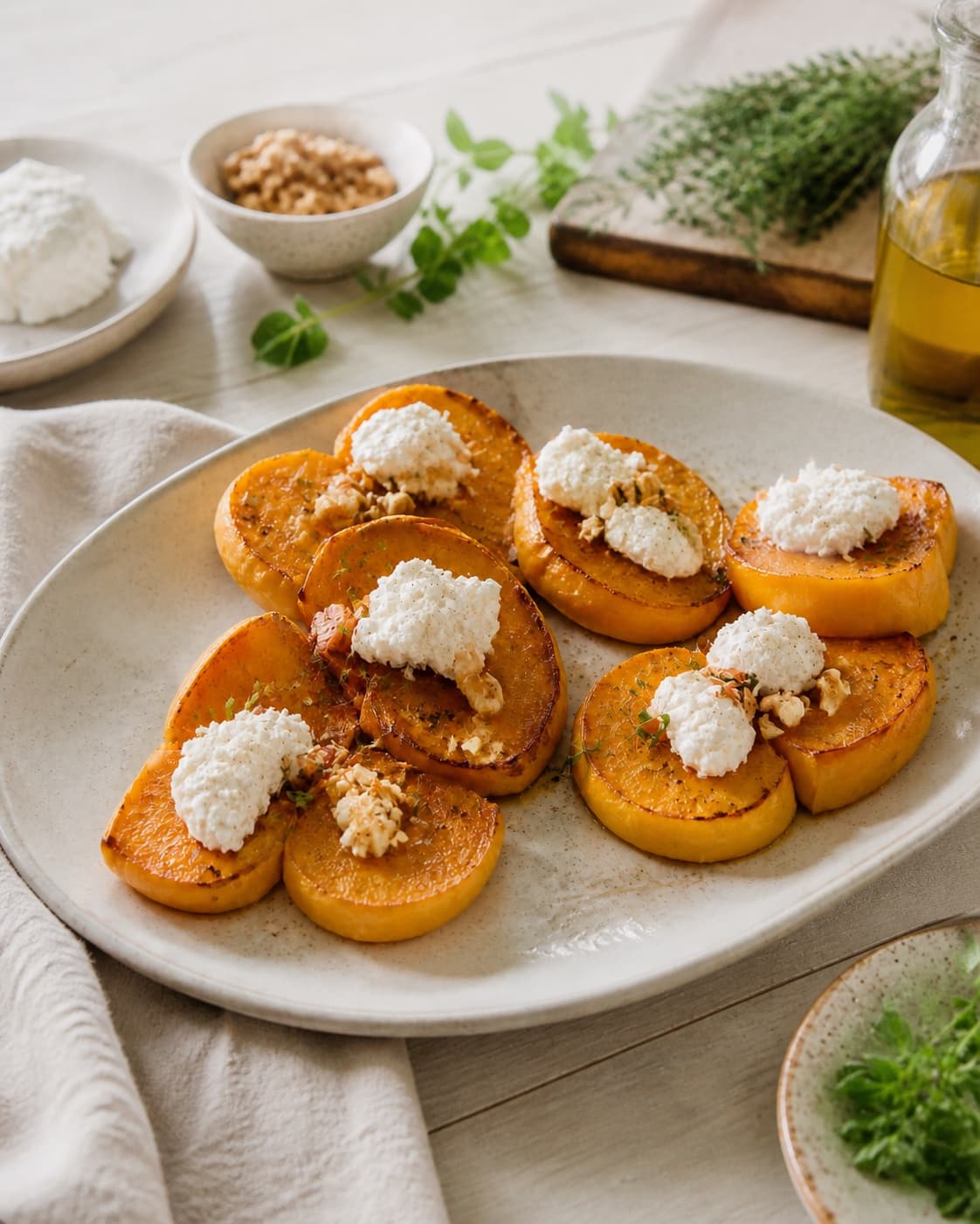 Finished butternut squash i ovn med friskost og urter resting before the final garnish under tilberedningen af butternut squash i ovn med friskost og urter