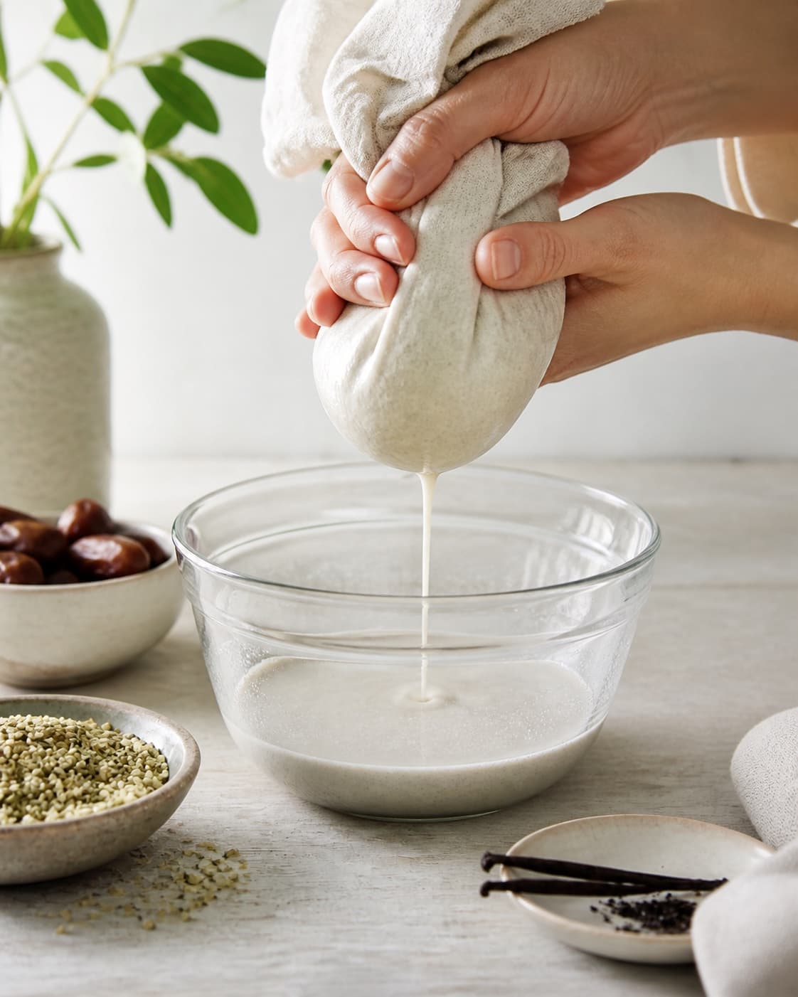 Flavour being extracted for hjemmelavet hampefrømælk under tilberedningen af hjemmelavet hampefrømælk