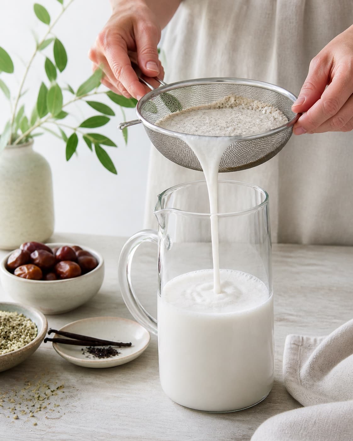 hjemmelavet hampefrømælk being strained into a clean pitcher under tilberedningen af hjemmelavet hampefrømælk