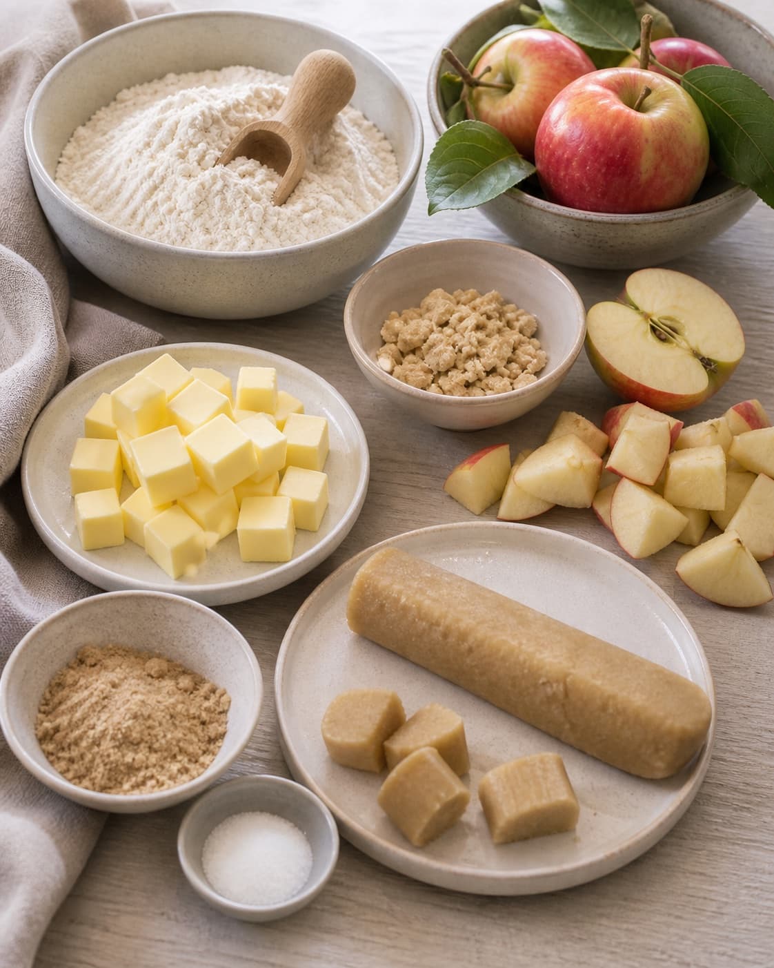 Measured ingredients for kærnemælkshorn med æble og marcipan arranged separately with syrlige æbler, marcipan, hvedemel, smør under tilberedningen af kærnemælkshorn med æble og marcipan