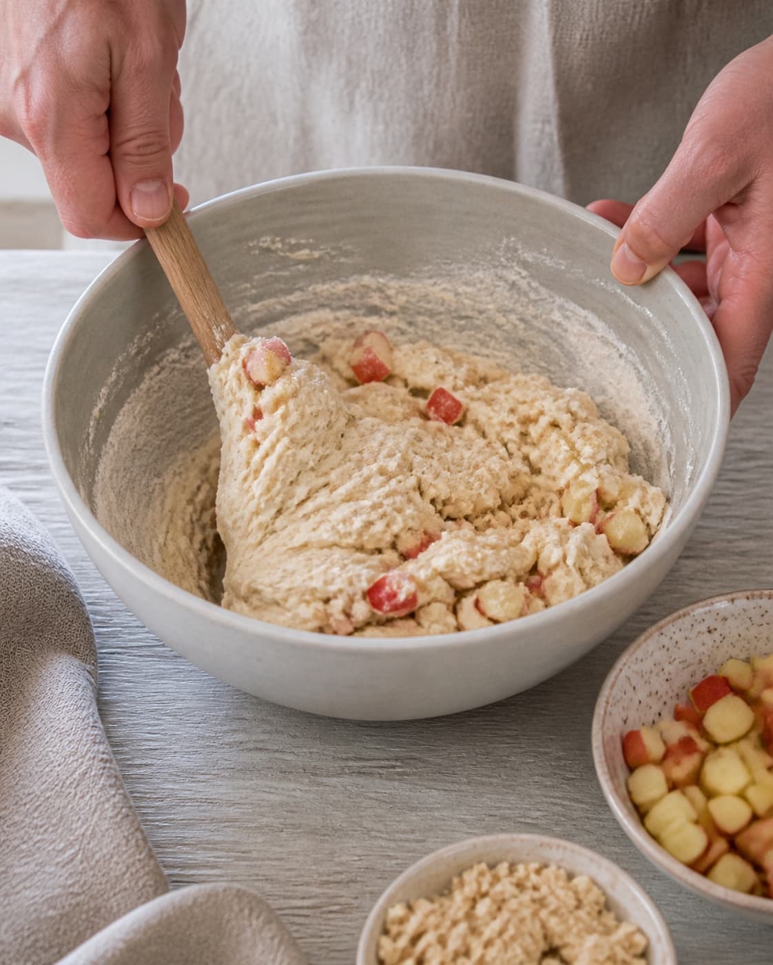 The batter or dough for kærnemælkshorn med æble og marcipan being gently combined under tilberedningen af kærnemælkshorn med æble og marcipan
