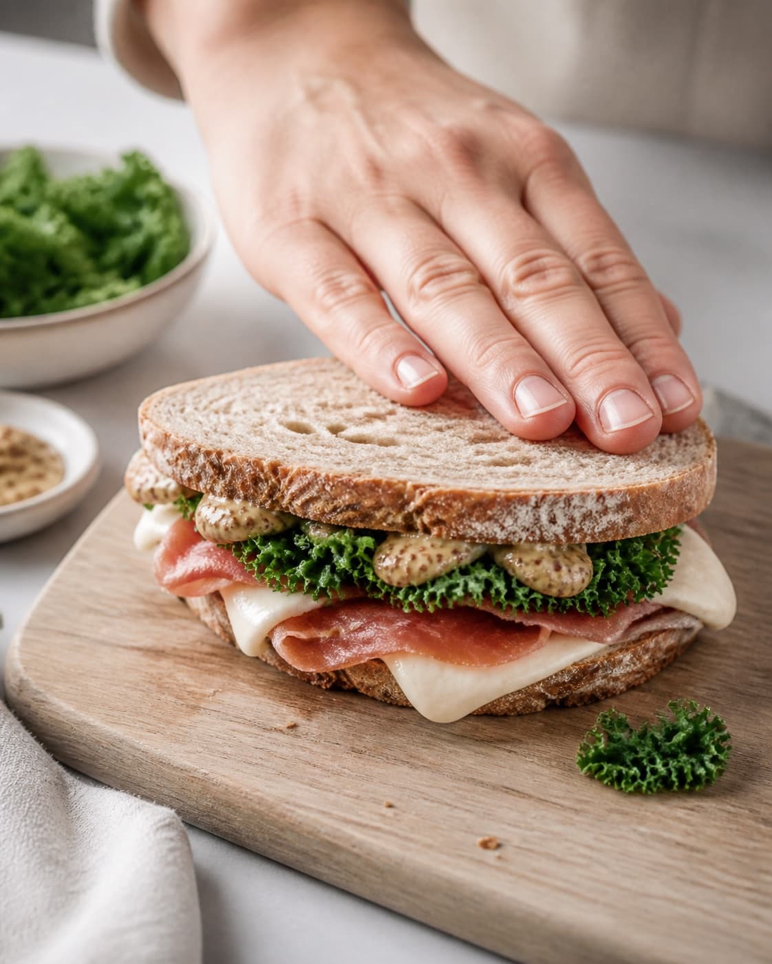 Rested cohesive mixture for panini med serranoskinke, mozzarella og sennepsdressing ready for the pan under tilberedningen af panini med serranoskinke, mozzarella og sennepsdressing