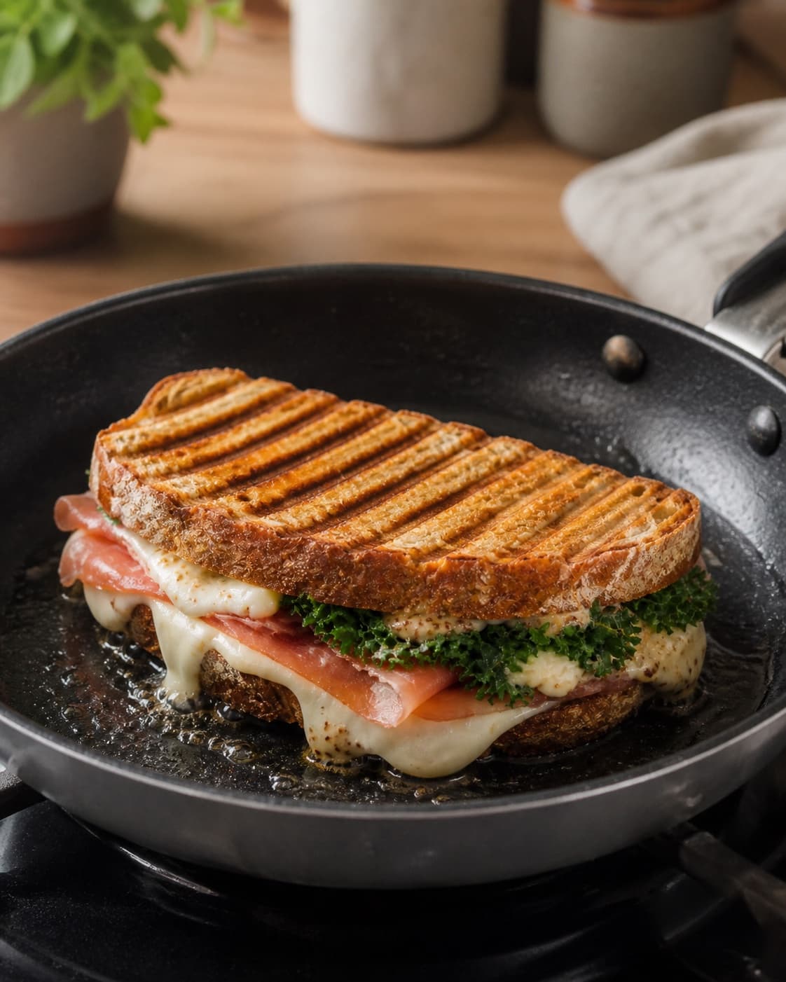 panini med serranoskinke, mozzarella og sennepsdressing frying to an even golden crust in a pan under tilberedningen af panini med serranoskinke, mozzarella og sennepsdressing