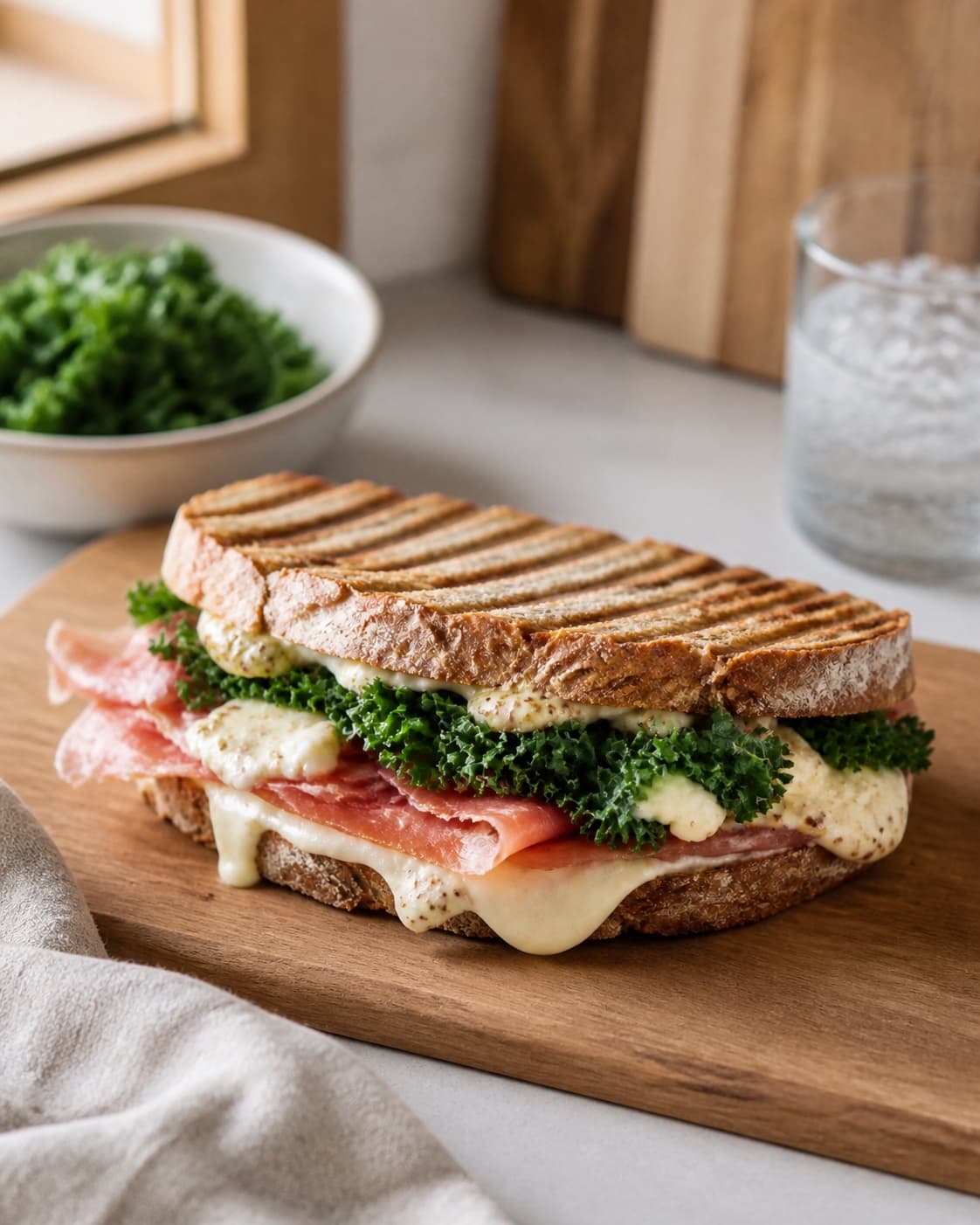 Golden panini med serranoskinke, mozzarella og sennepsdressing resting briefly before serving under tilberedningen af panini med serranoskinke, mozzarella og sennepsdressing