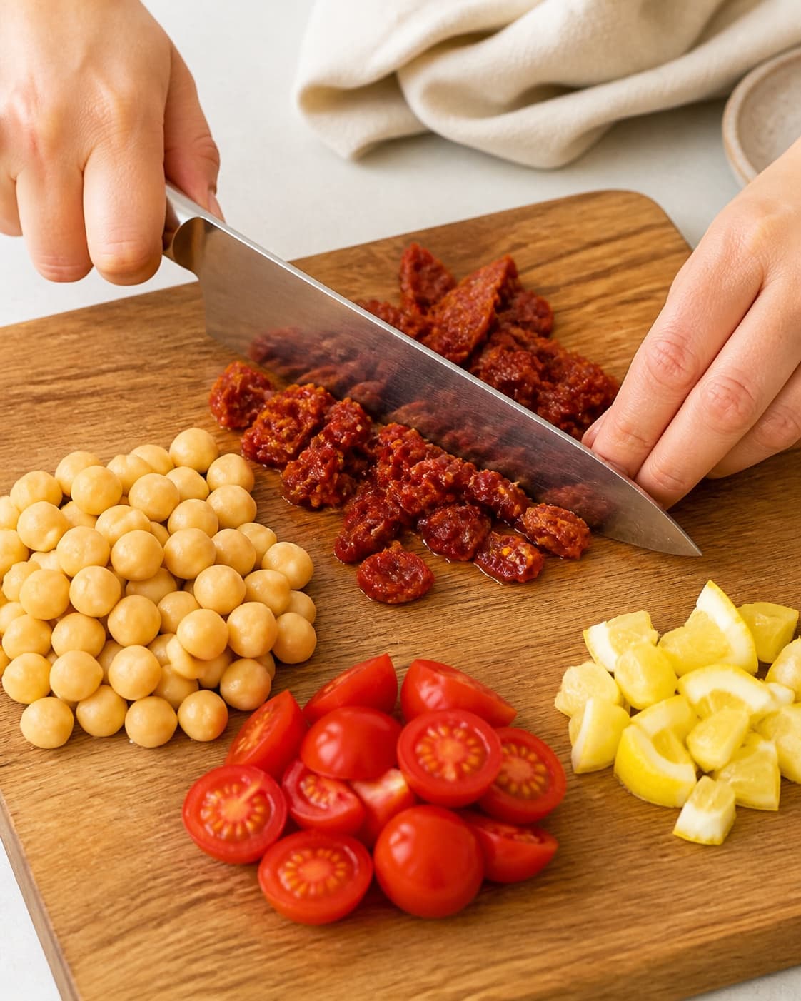 Ingredients for hummus med soltørrede tomater being cut into even pieces under tilberedningen af hummus med soltørrede tomater