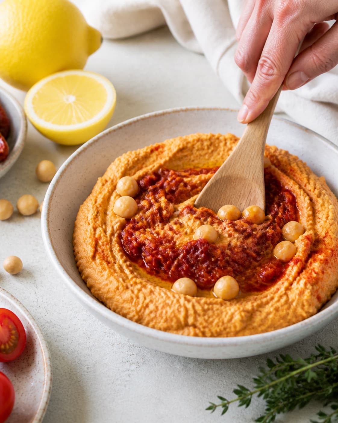 hummus med soltørrede tomater being gently combined without crushing the ingredients under tilberedningen af hummus med soltørrede tomater