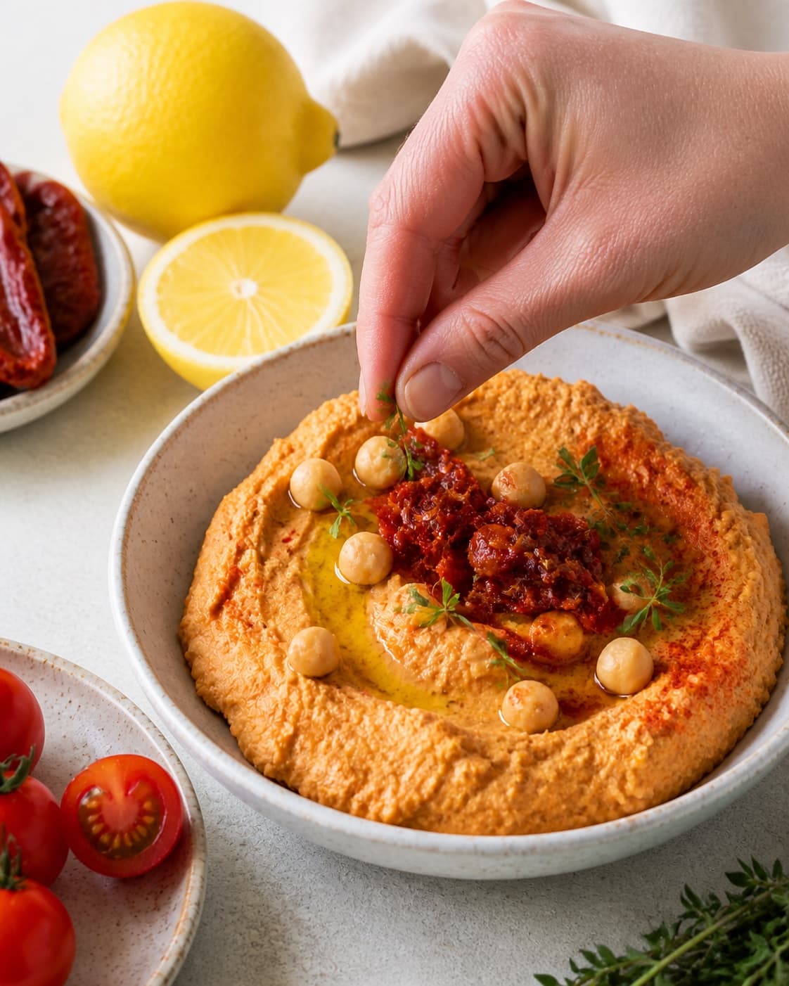 Fresh finished hummus med soltørrede tomater receiving its final garnish under tilberedningen af hummus med soltørrede tomater