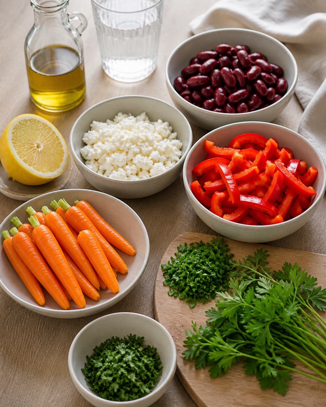 Clean prepared ingredients for salat med bagte gulerødder, peberfrugt og kidneybønner with kidneybønner, økologisk citron, ekstra jomfruolivenolie, friske krydderurter under tilberedningen af salat med bagte gulerødder, peberfrugt og kidneybønner