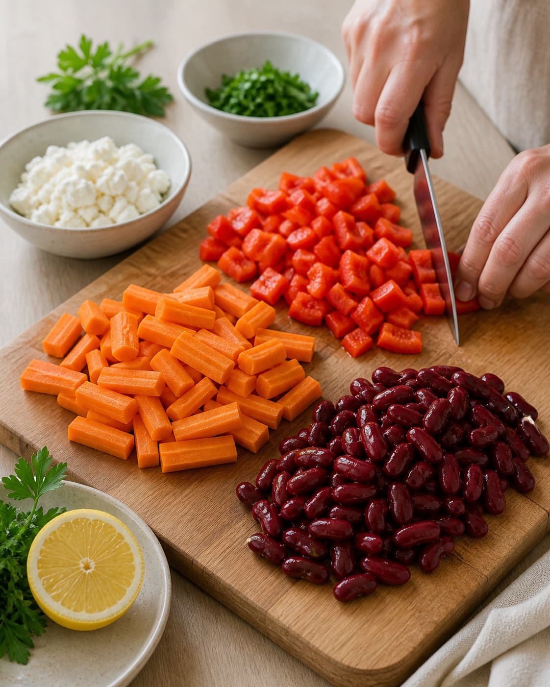 Ingredients for salat med bagte gulerødder, peberfrugt og kidneybønner being cut into even pieces under tilberedningen af salat med bagte gulerødder, peberfrugt og kidneybønner