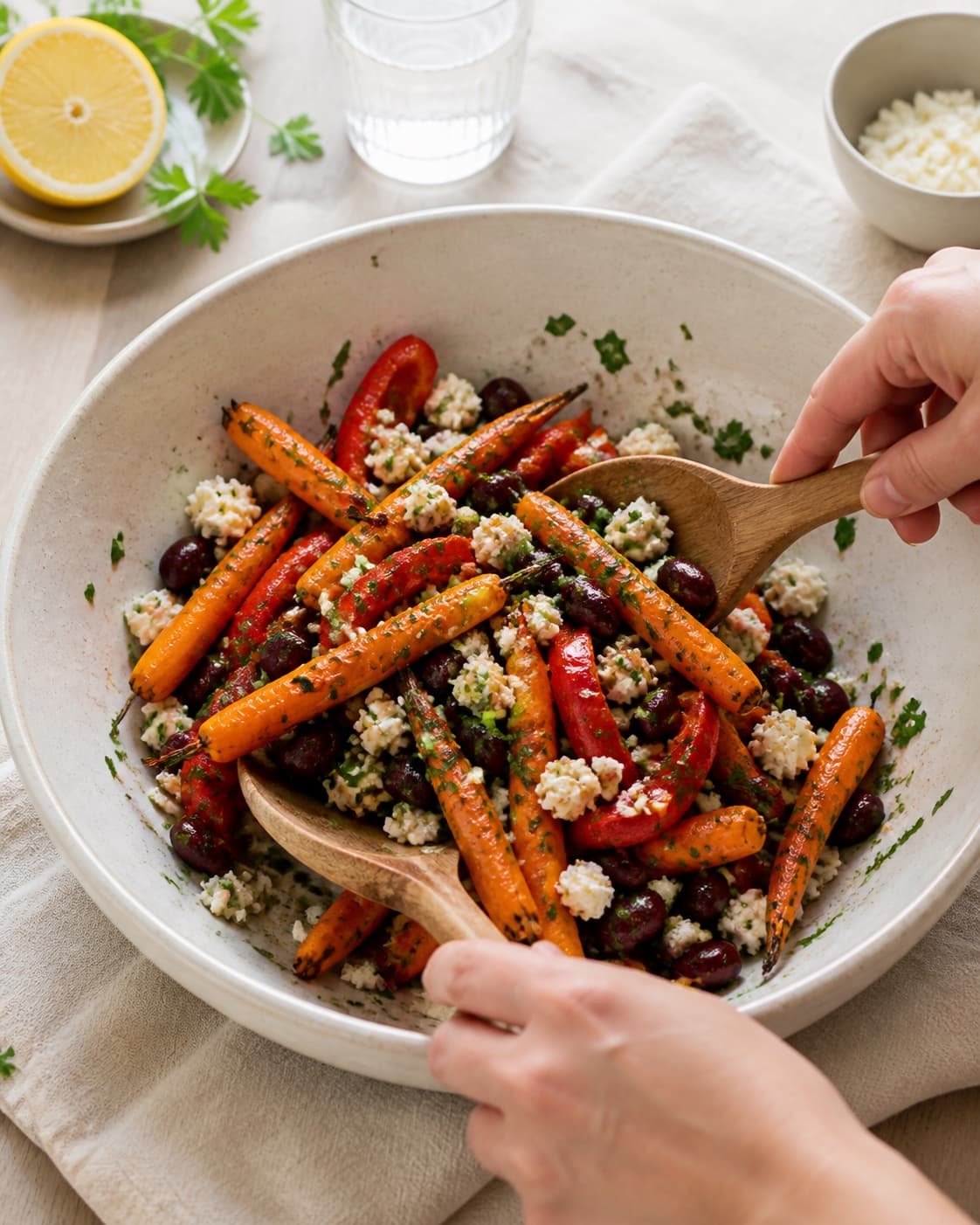 salat med bagte gulerødder, peberfrugt og kidneybønner being gently combined without crushing the ingredients under tilberedningen af salat med bagte gulerødder, peberfrugt og kidneybønner