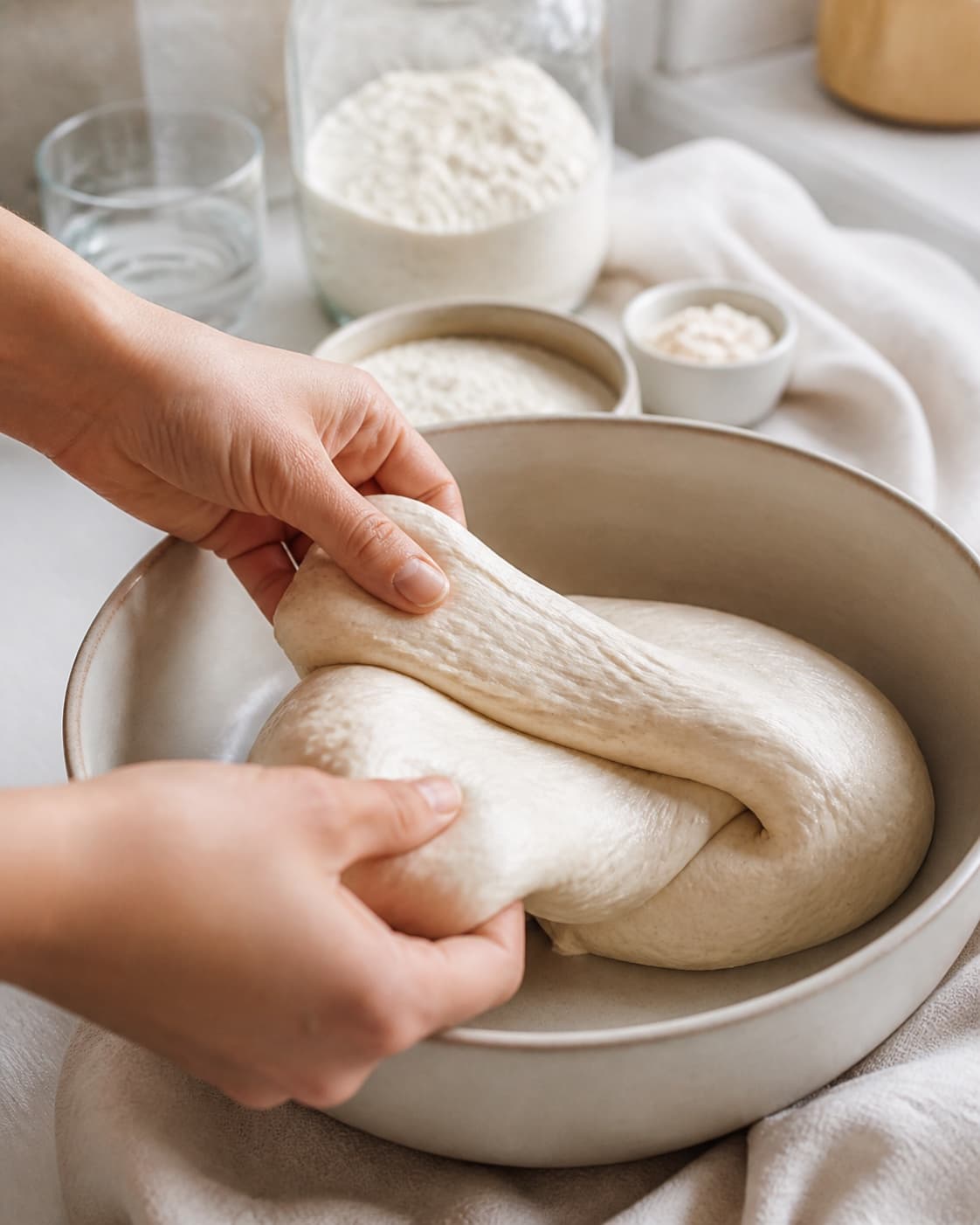 Hands gently folding elastic dough for surdejsbrød med autolyse under tilberedningen af surdejsbrød med autolyse