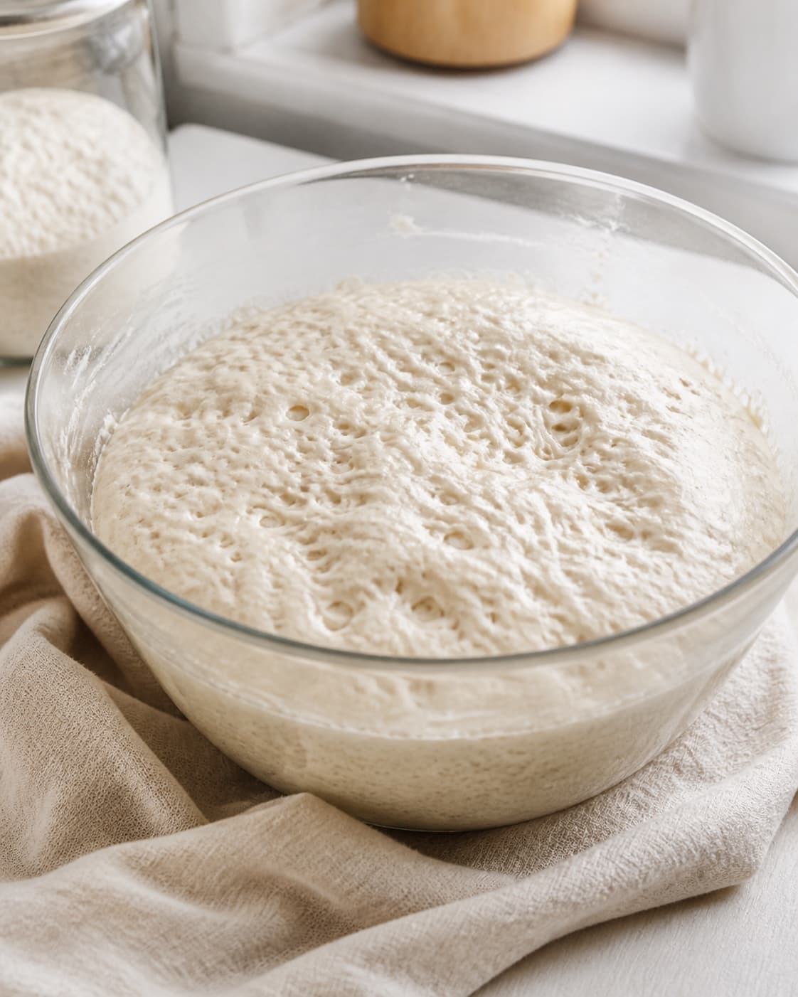 Proofed airy dough for surdejsbrød med autolyse with visible fermentation bubbles under tilberedningen af surdejsbrød med autolyse