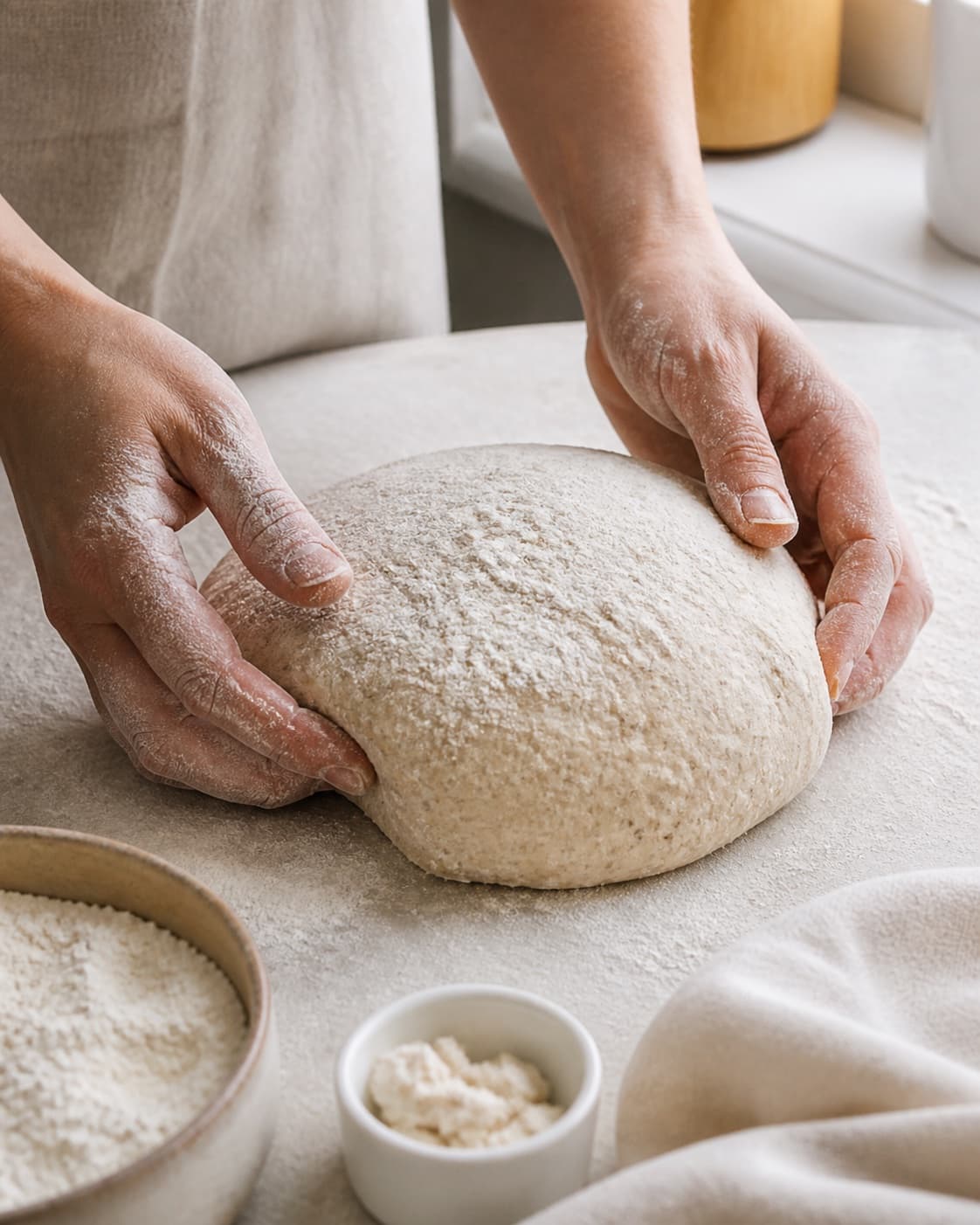 Even pieces of surdejsbrød med autolyse being shaped before baking under tilberedningen af surdejsbrød med autolyse