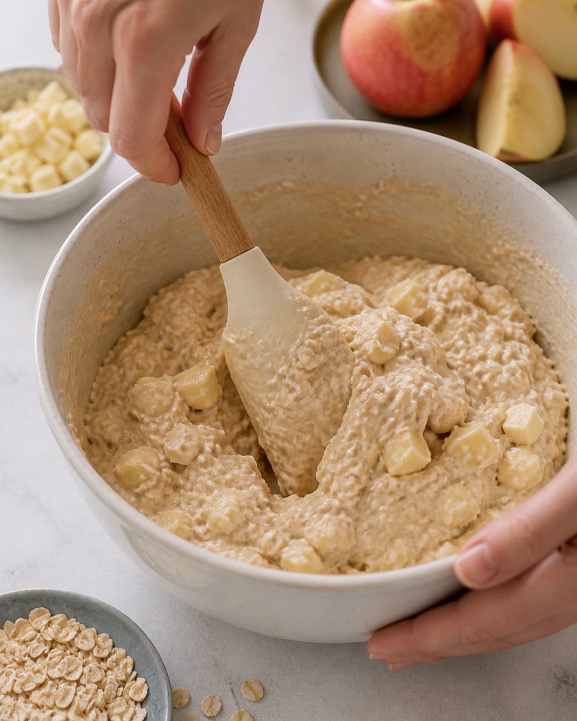 The batter or dough for bagt grød med æble og hvid chokolade being gently combined under tilberedningen af bagt grød med æble og hvid chokolade