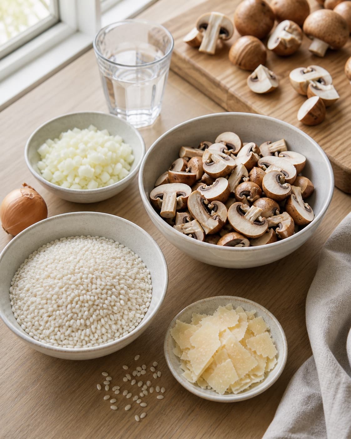 Mise en place for svamperisotto med revet parmesan with brune champignoner, parmesan, carnaroliris, zittauerløg under tilberedningen af svamperisotto med revet parmesan