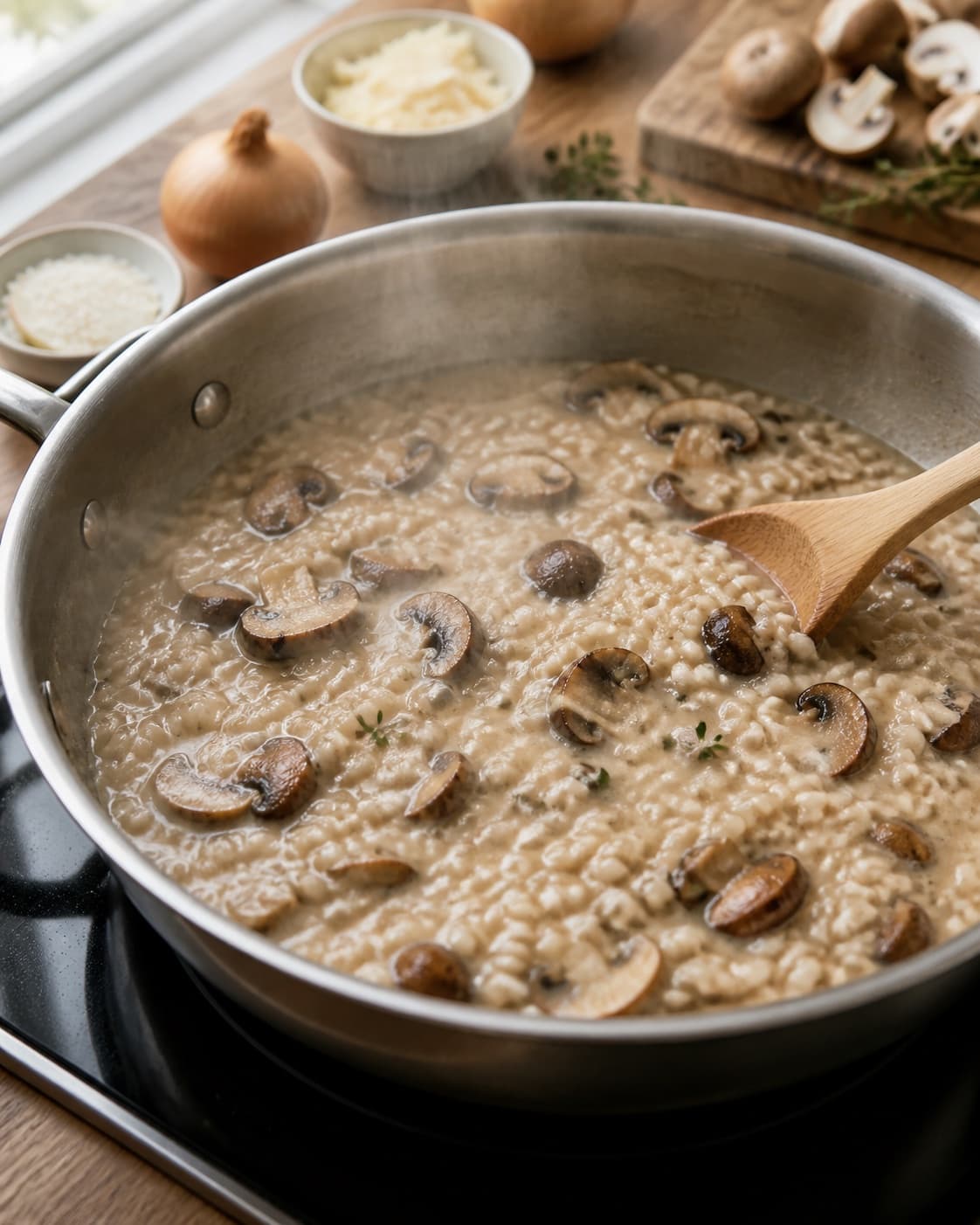 svamperisotto med revet parmesan gently simmering with visible ingredients under tilberedningen af svamperisotto med revet parmesan