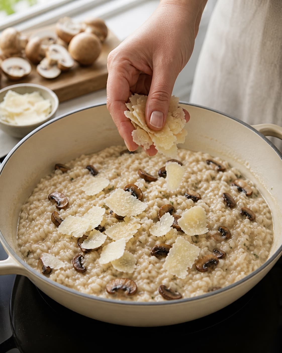 The texture of svamperisotto med revet parmesan being adjusted in the pot under tilberedningen af svamperisotto med revet parmesan