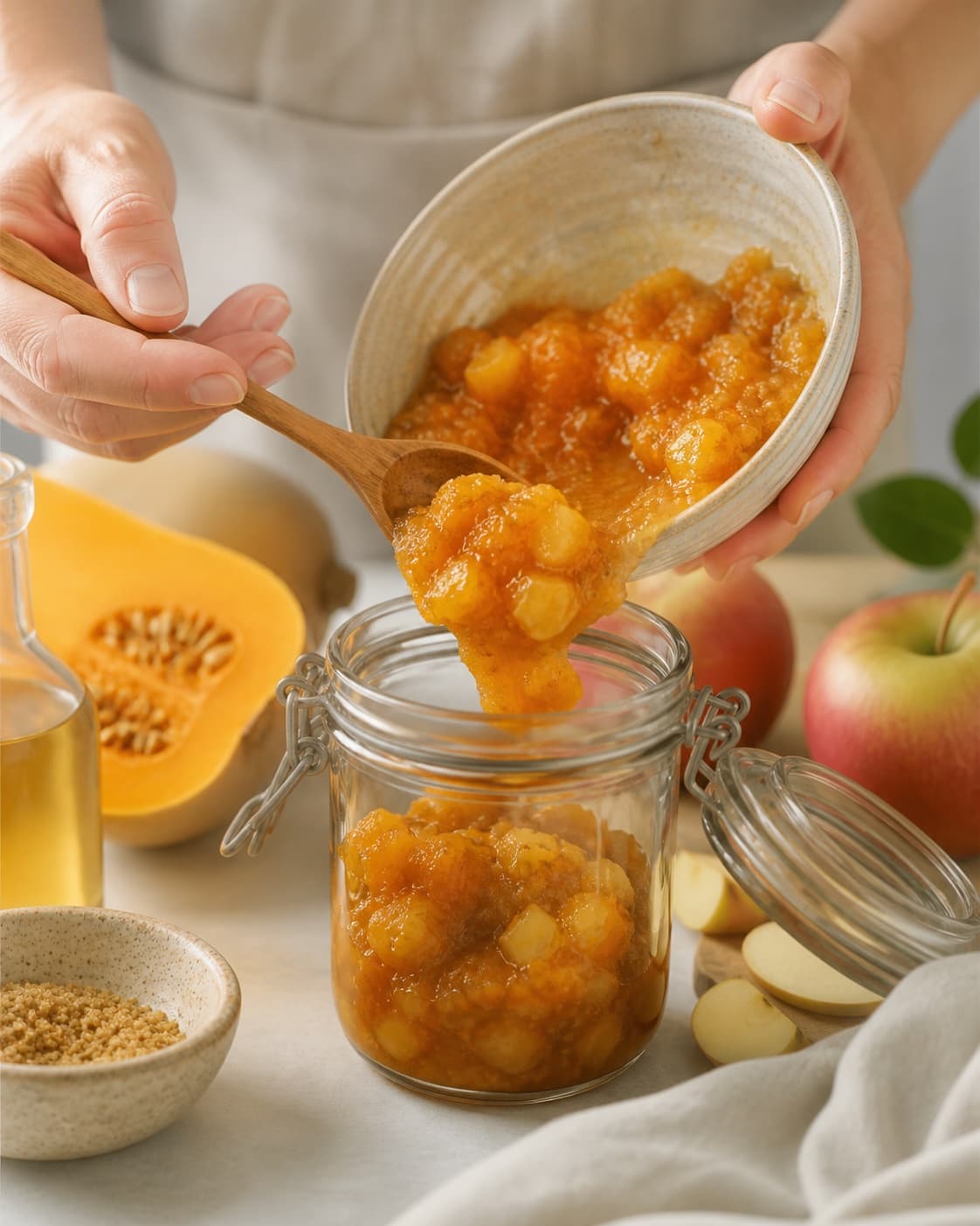 Hot finished græskar chutney med æble being carefully transferred into a clean jar under tilberedningen af græskar chutney med æble