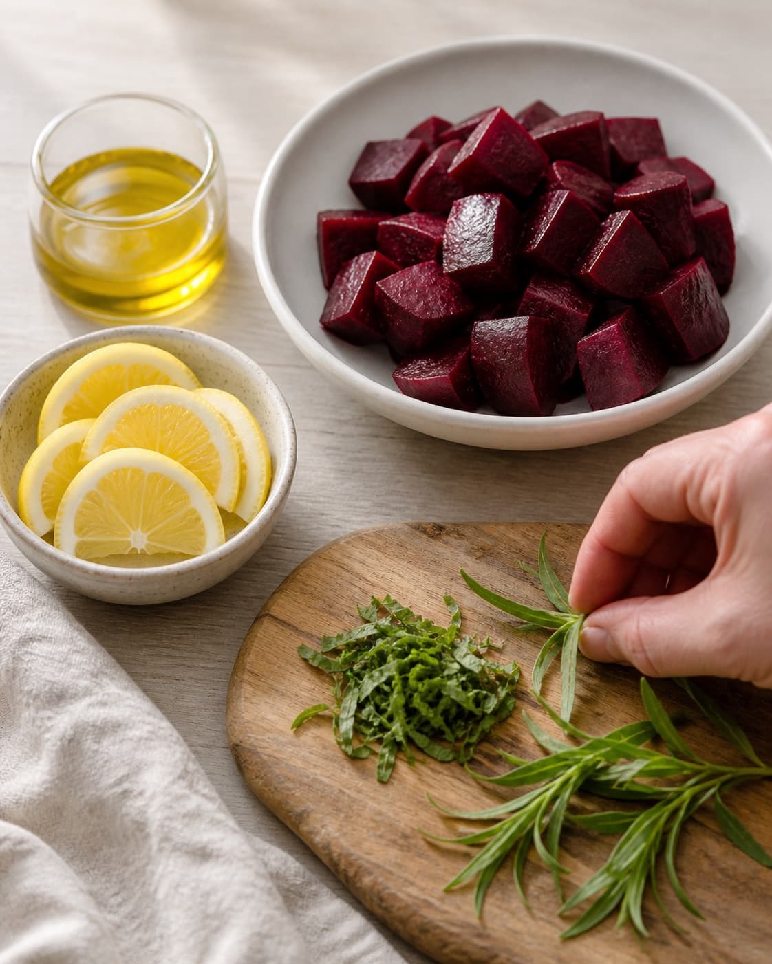 Clean prepared ingredients for rødbedesalat with rødbeder, økologisk citron, ekstra jomfruolivenolie, friske krydderurter under tilberedningen af rødbedesalat