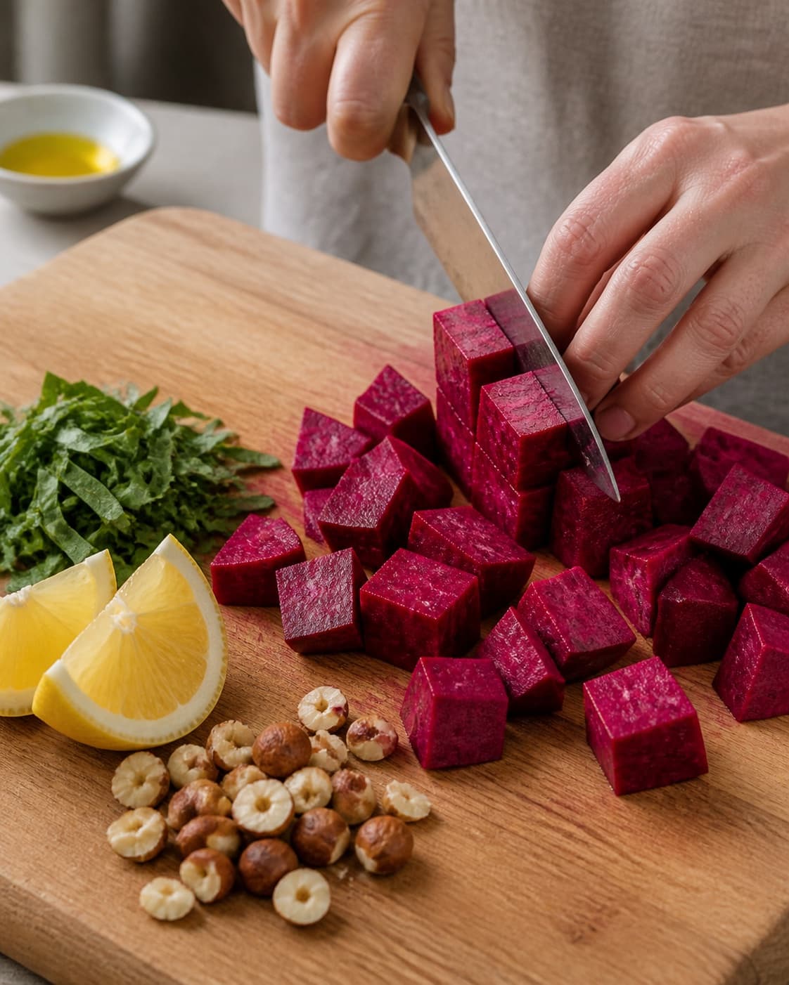 Ingredients for rødbedesalat being cut into even pieces under tilberedningen af rødbedesalat