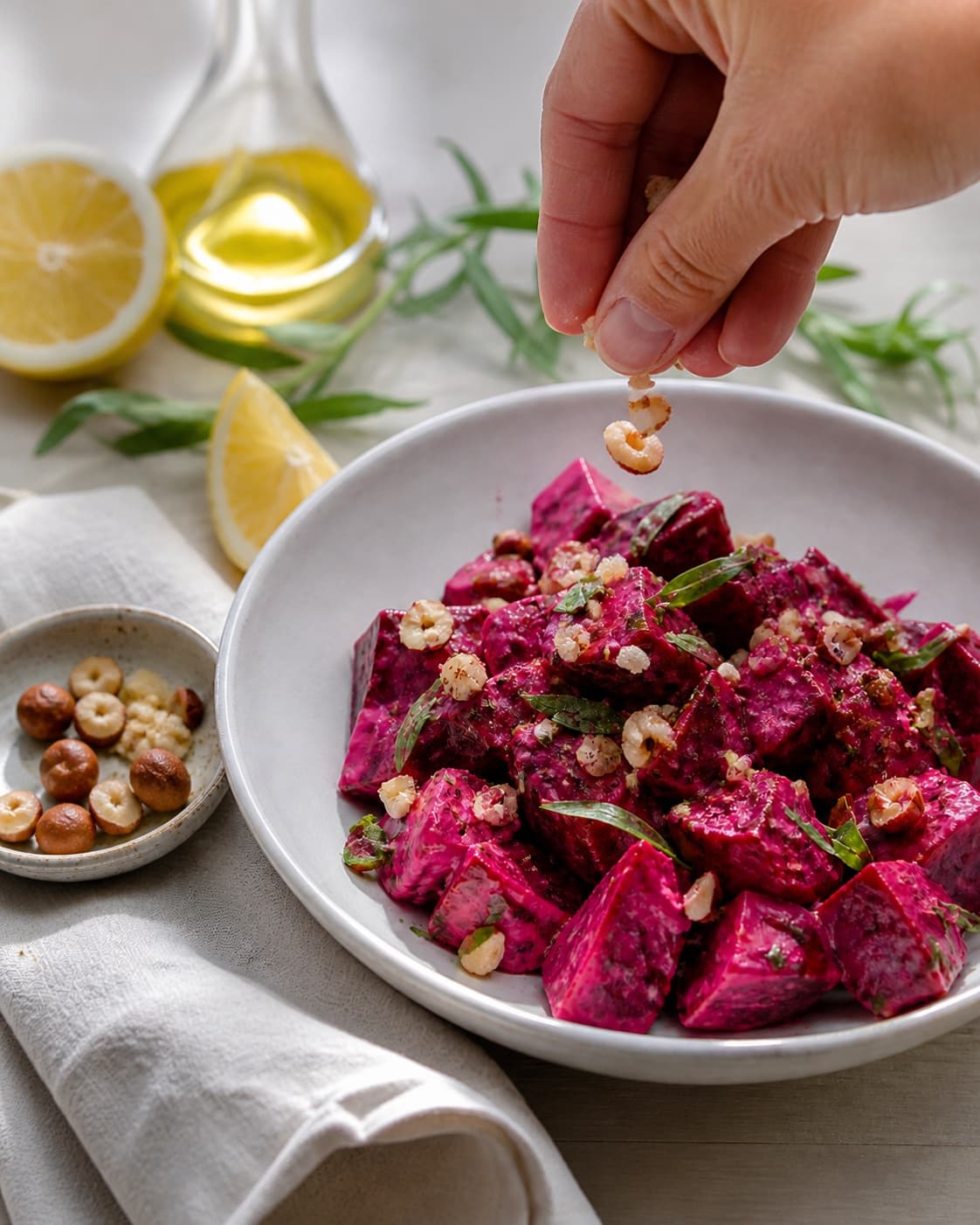 Fresh finished rødbedesalat receiving its final garnish under tilberedningen af rødbedesalat