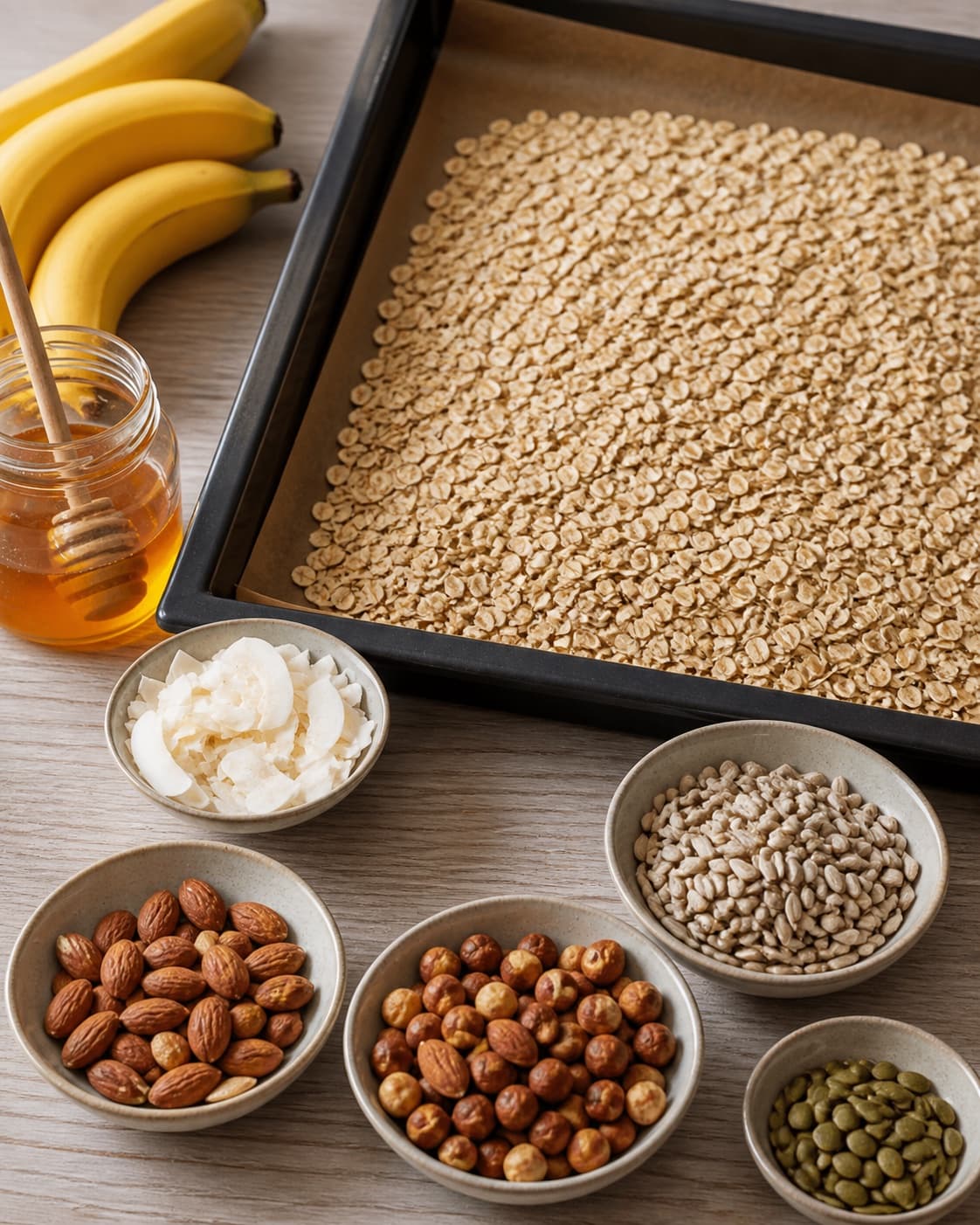 Prepared dry ingredients for sprød banangranola with grove havregryn, blandede nødder og kerner, modne bananer, honning under tilberedningen af sprød banangranola