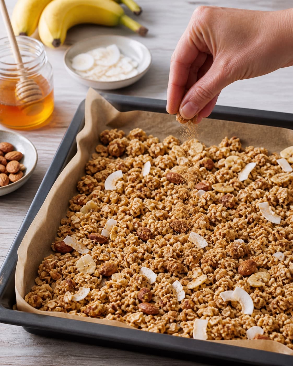 sprød banangranola being evenly seasoned before roasting under tilberedningen af sprød banangranola