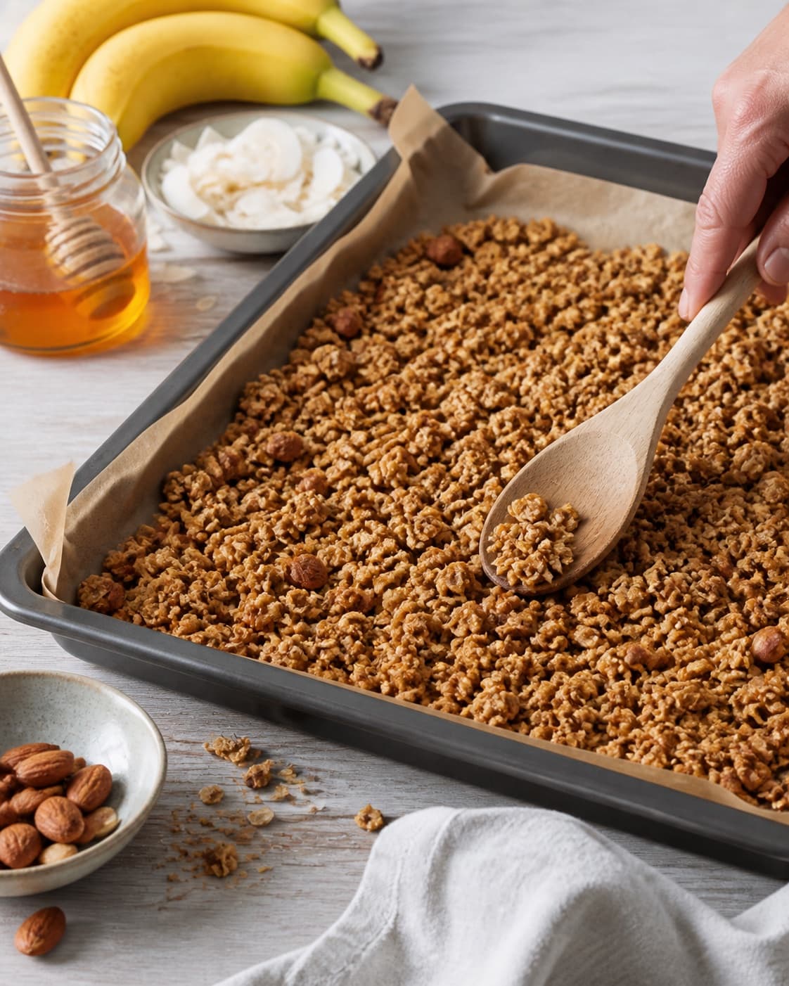 sprød banangranola developing an even golden crust under tilberedningen af sprød banangranola