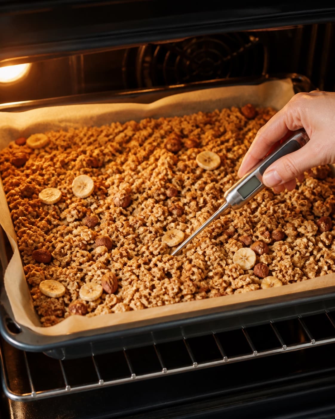sprød banangranola roasting evenly while its centre temperature is checked under tilberedningen af sprød banangranola