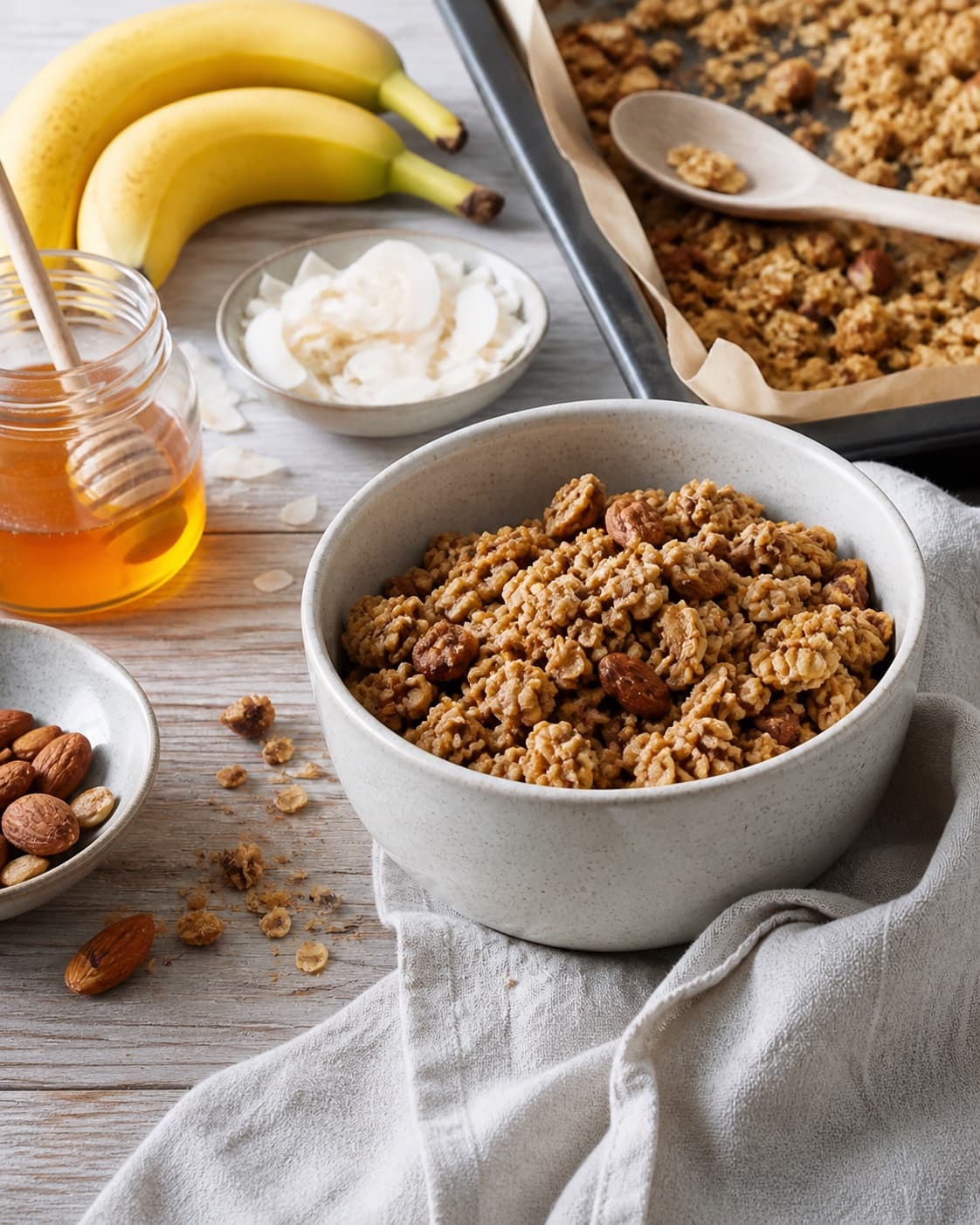 Finished sprød banangranola resting before the final garnish under tilberedningen af sprød banangranola