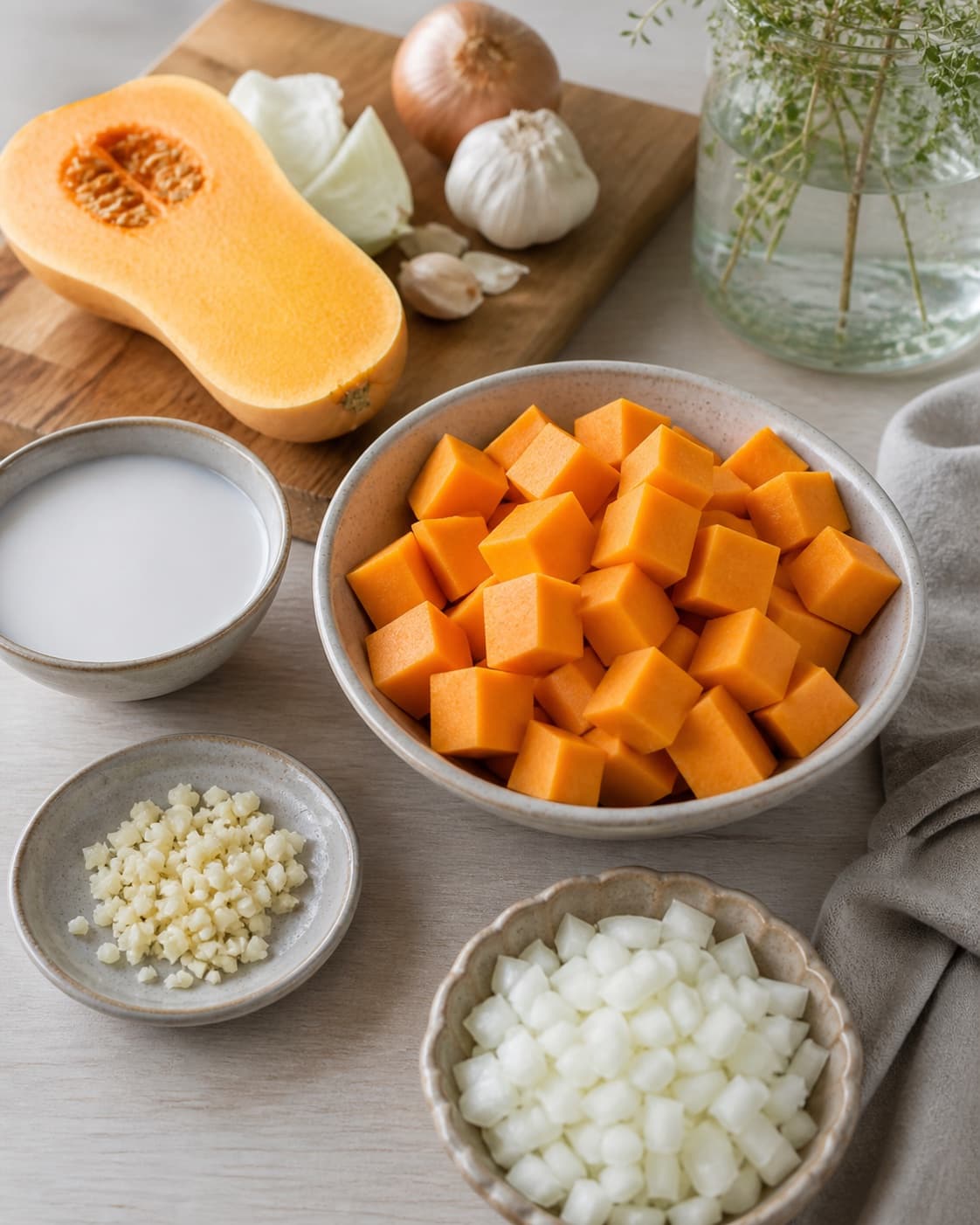 Mise en place for græskarsuppe med kokosmælk with kokosmælk, butternut squash, zittauerløg, hvidløg under tilberedningen af græskarsuppe med kokosmælk