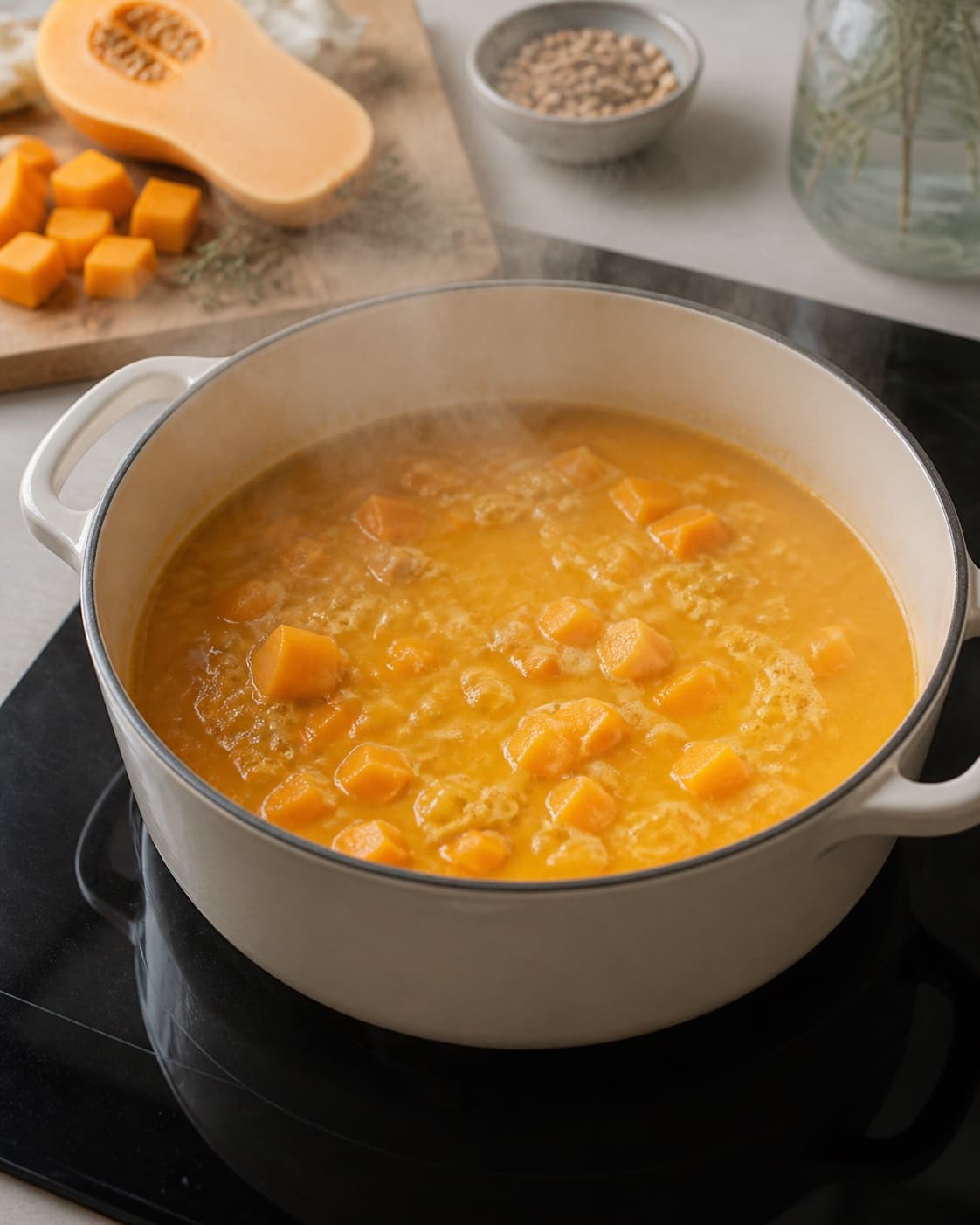 græskarsuppe med kokosmælk gently simmering with visible ingredients under tilberedningen af græskarsuppe med kokosmælk