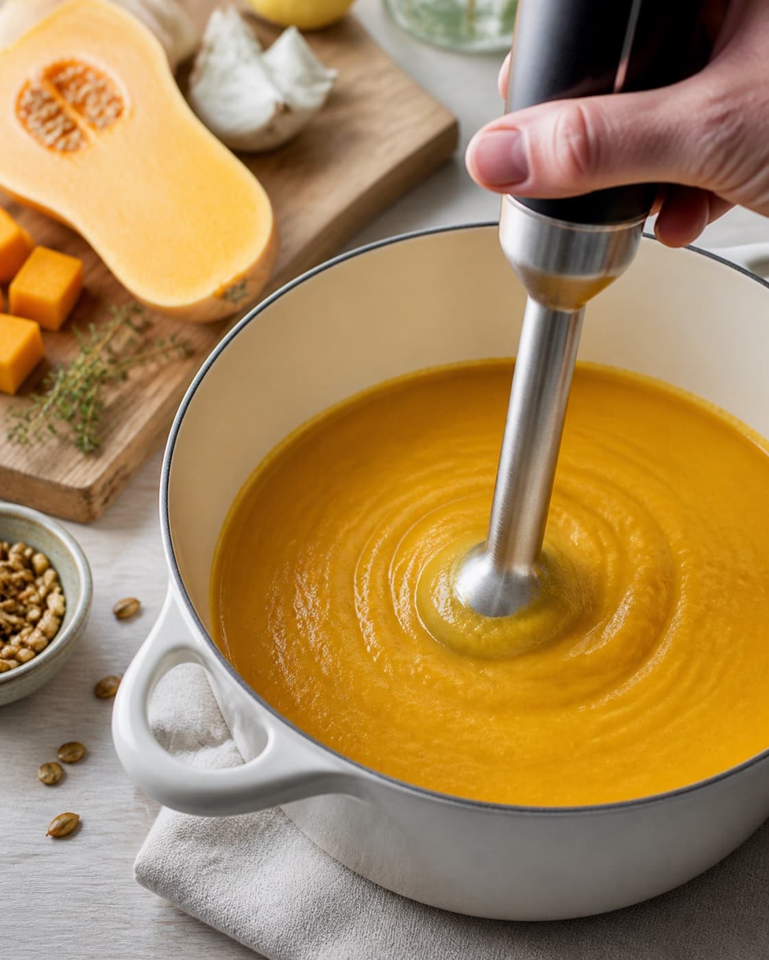 The texture of græskarsuppe med kokosmælk being adjusted in the pot under tilberedningen af græskarsuppe med kokosmælk