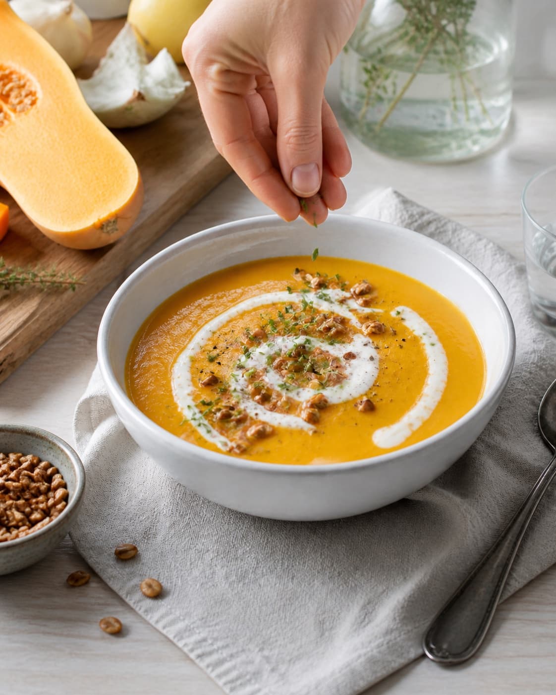 Finished græskarsuppe med kokosmælk being served with a fresh restrained garnish under tilberedningen af græskarsuppe med kokosmælk