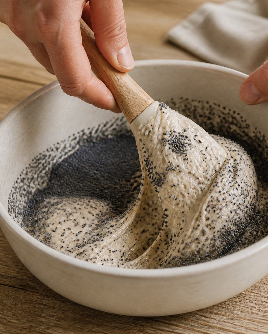 Close view of the moist dough for surdejshåndværker rundstykke med blå birkes being mixed in a bowl with blå birkes, aktiv surdej, hvedemel, lunkent vand under tilberedningen af surdejshåndværker rundstykke med blå birkes