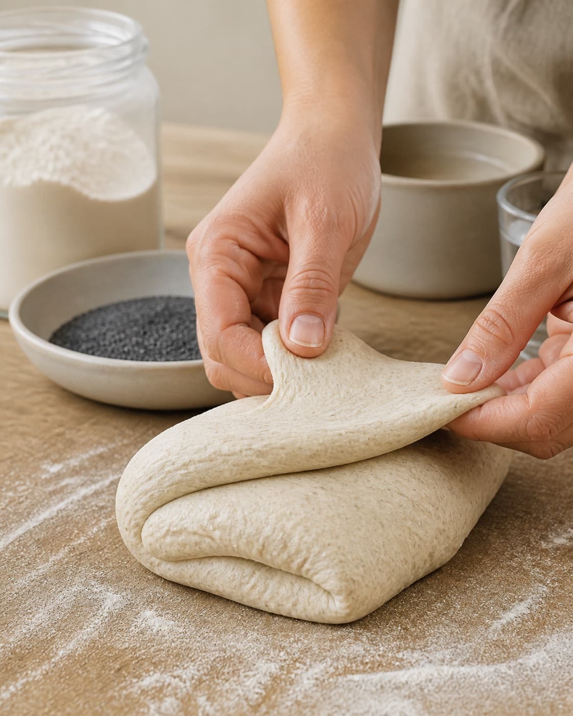 Hands gently folding elastic dough for surdejshåndværker rundstykke med blå birkes under tilberedningen af surdejshåndværker rundstykke med blå birkes