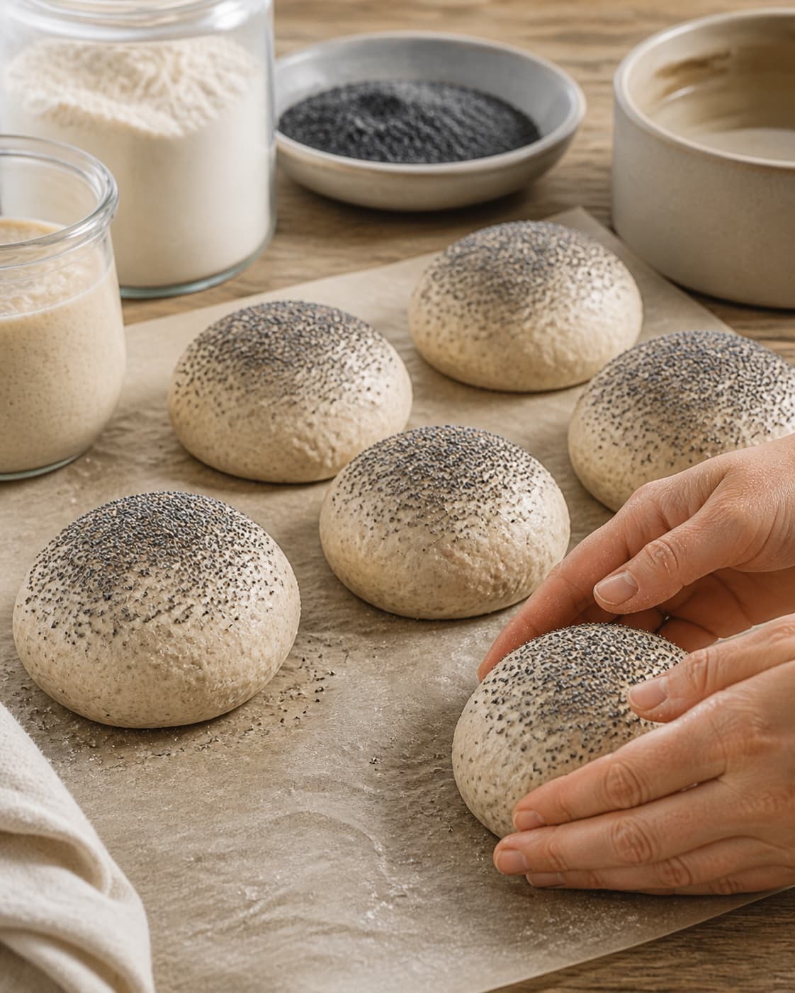 Even pieces of surdejshåndværker rundstykke med blå birkes being shaped before baking under tilberedningen af surdejshåndværker rundstykke med blå birkes